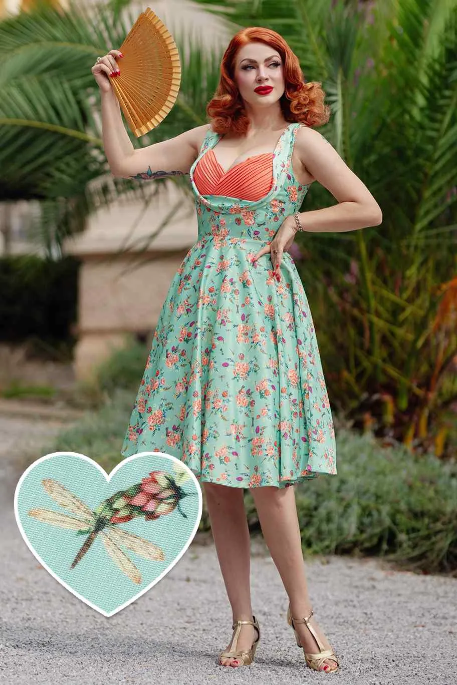 Grace Green Floral Dragonfly Pleated Bust Dress