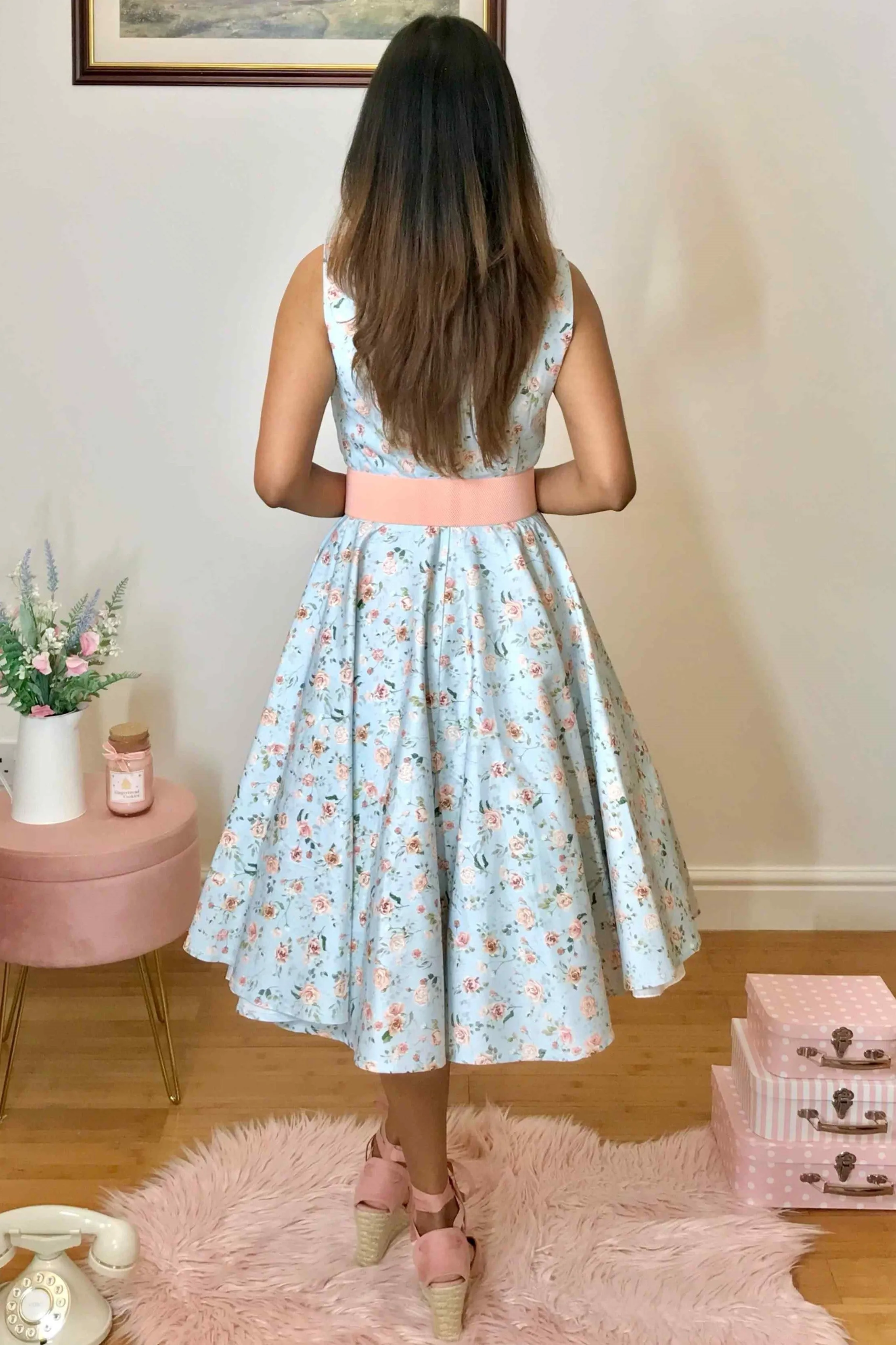 Grace Pleated Bust Dress in Baby Blue/Pink Floral Print