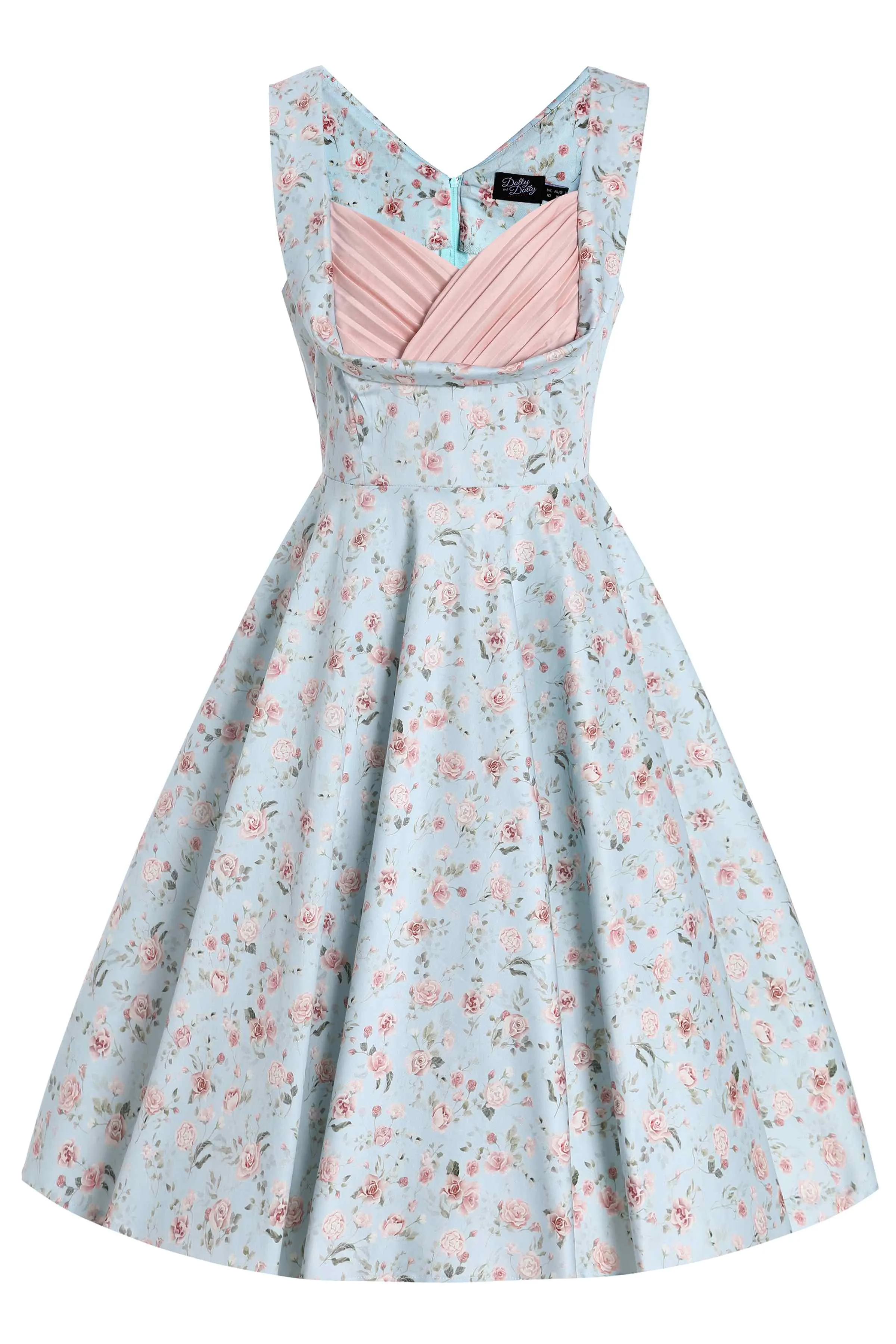 Grace Pleated Bust Dress in Baby Blue/Pink Floral Print