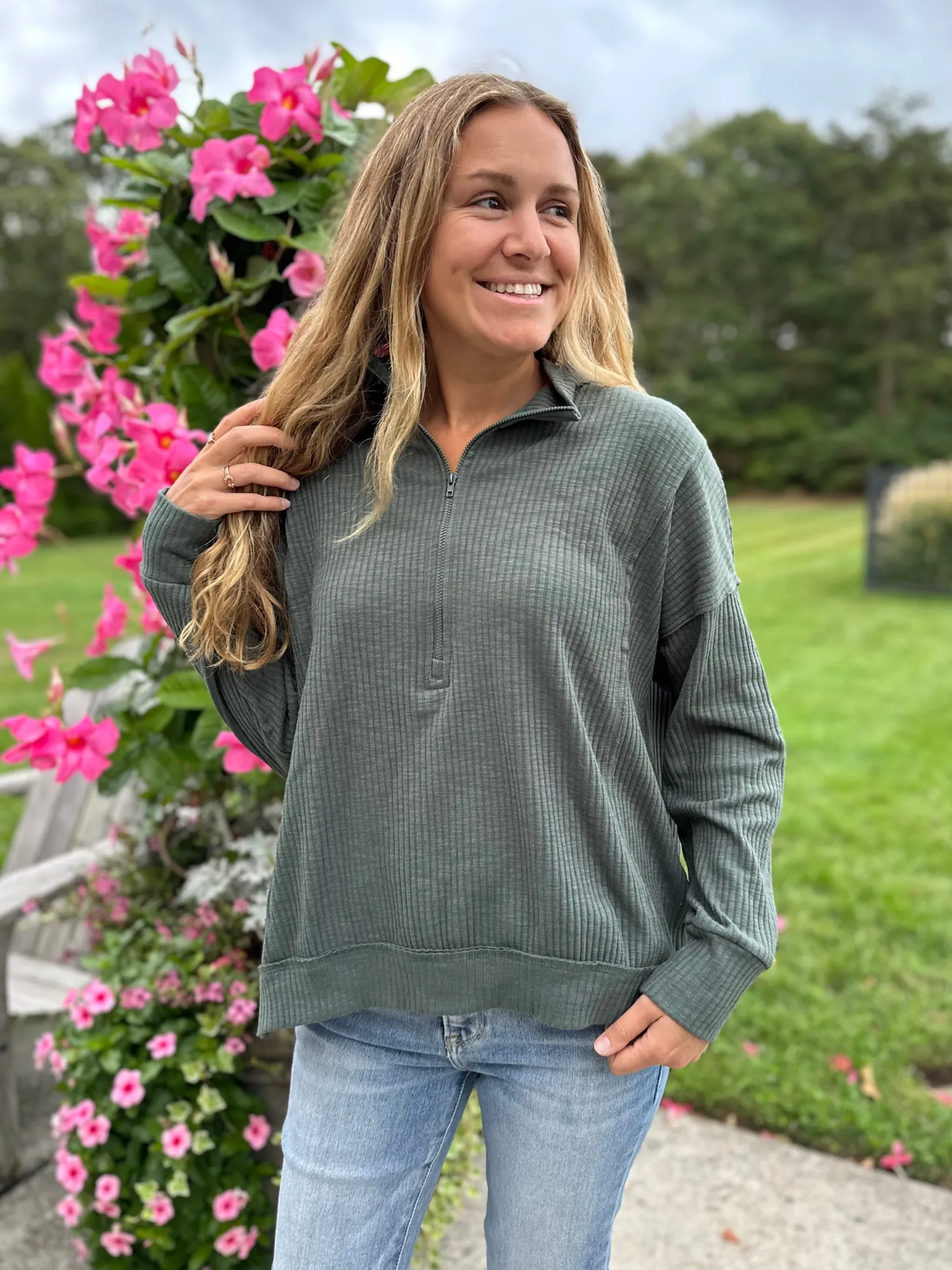 Half Zip Ribbed Knit Pullover in Teal