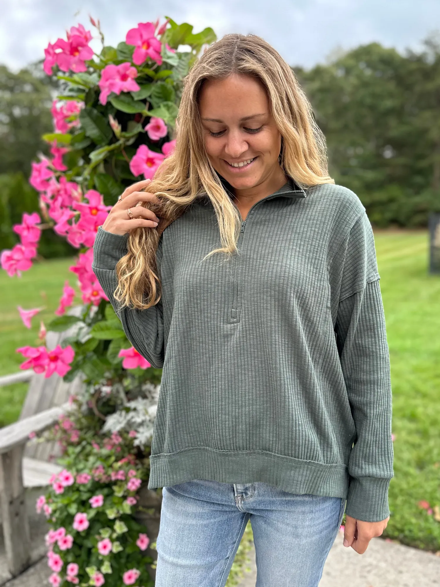 Half Zip Ribbed Knit Pullover in Teal