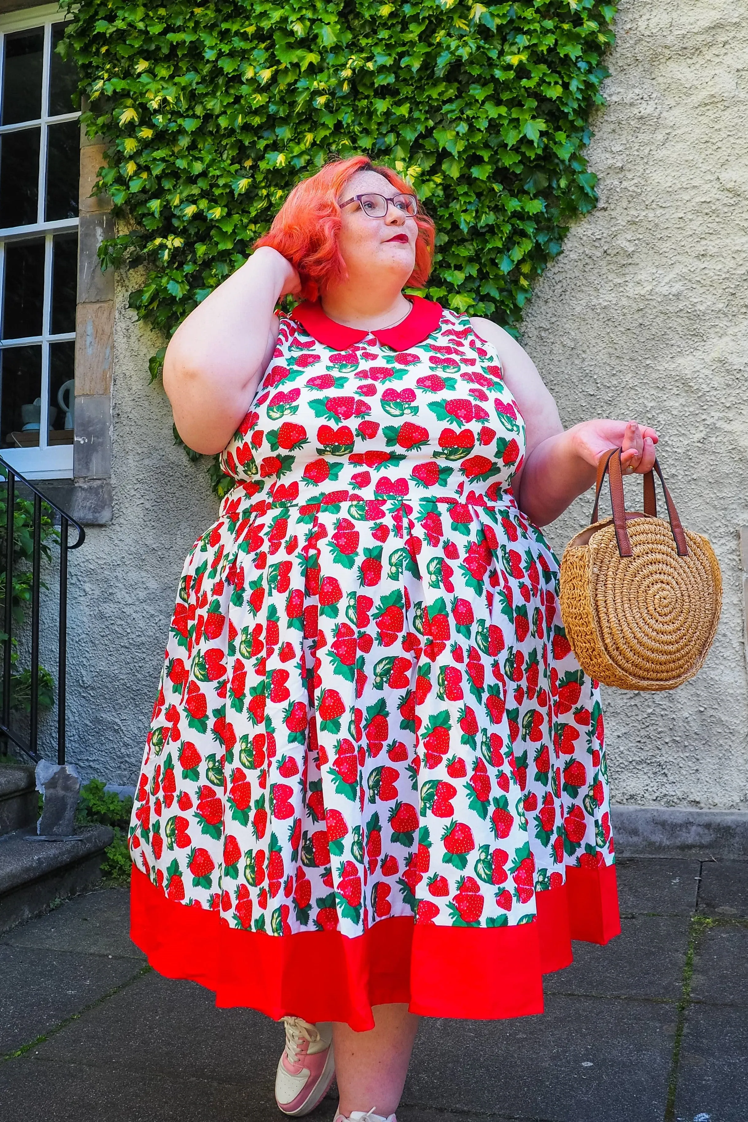 Hazel Vintage Inspired Swing Dress in White Strawberry