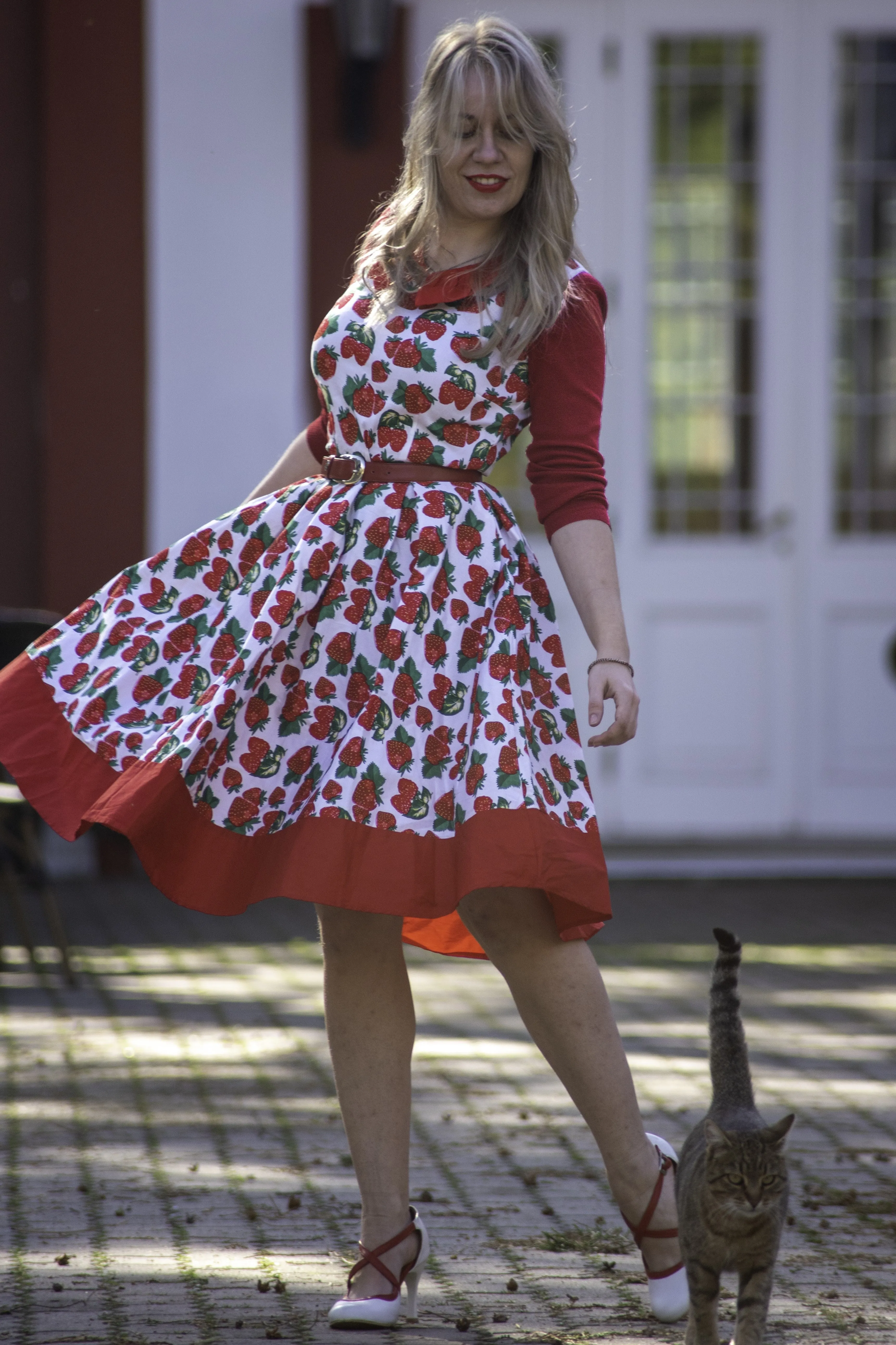 Hazel Vintage Inspired Swing Dress in White Strawberry