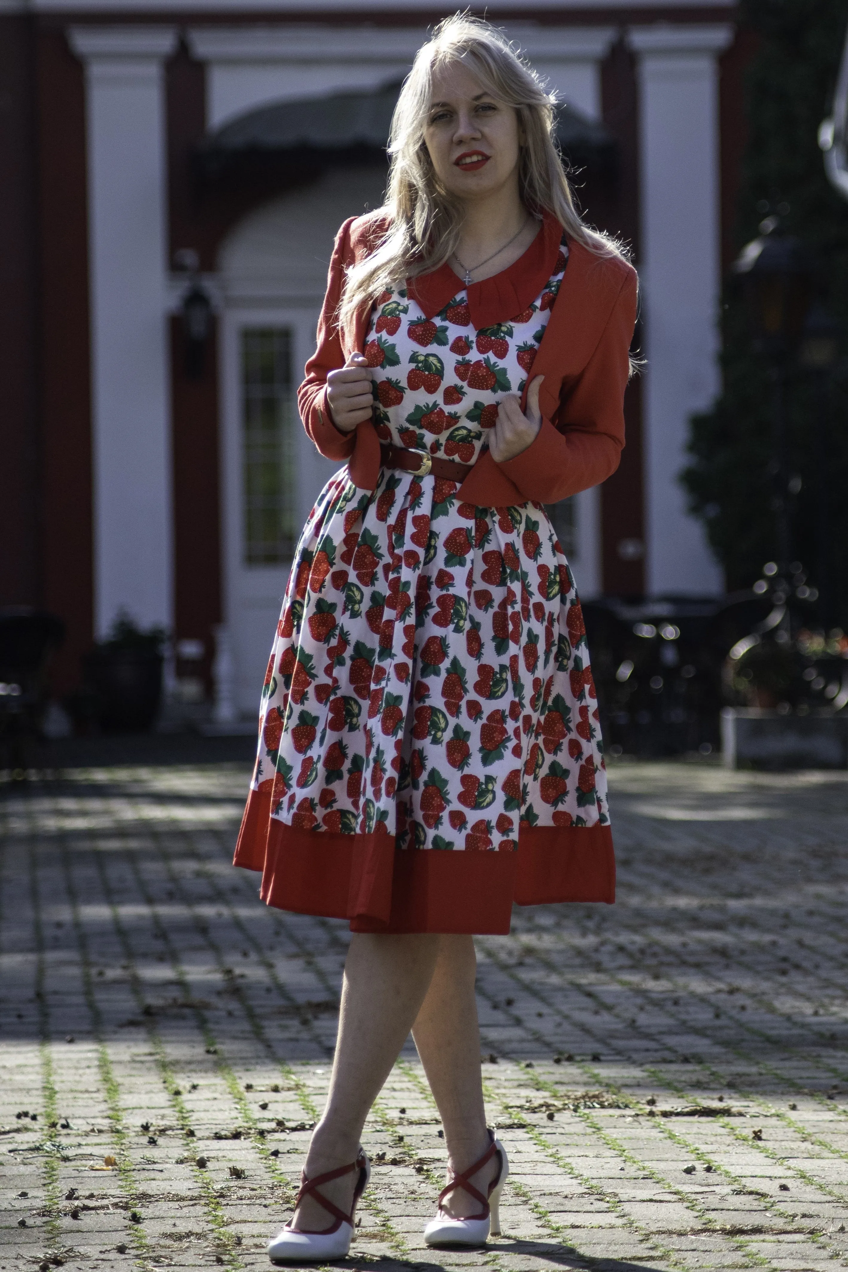 Hazel Vintage Inspired Swing Dress in White Strawberry