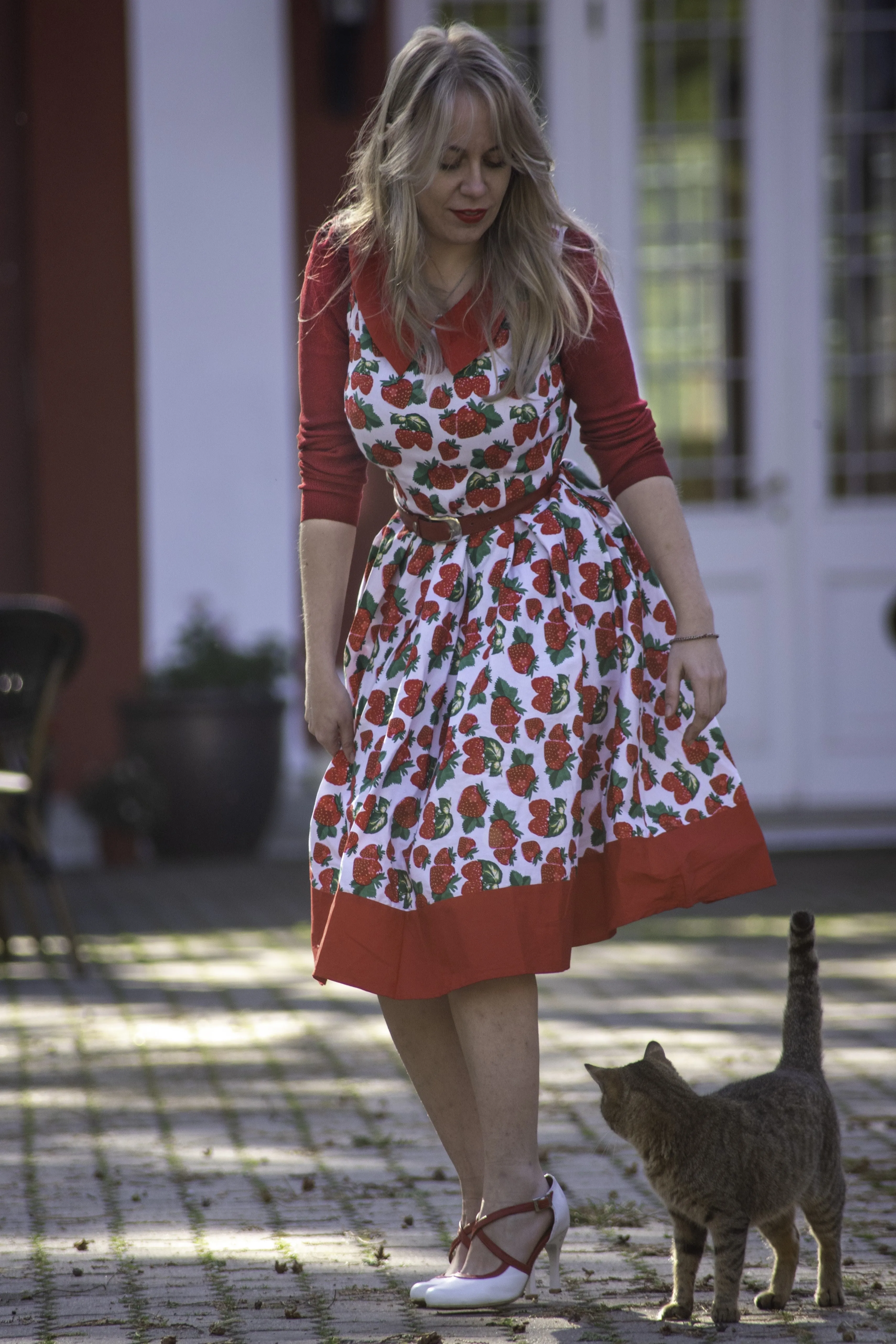 Hazel Vintage Inspired Swing Dress in White Strawberry