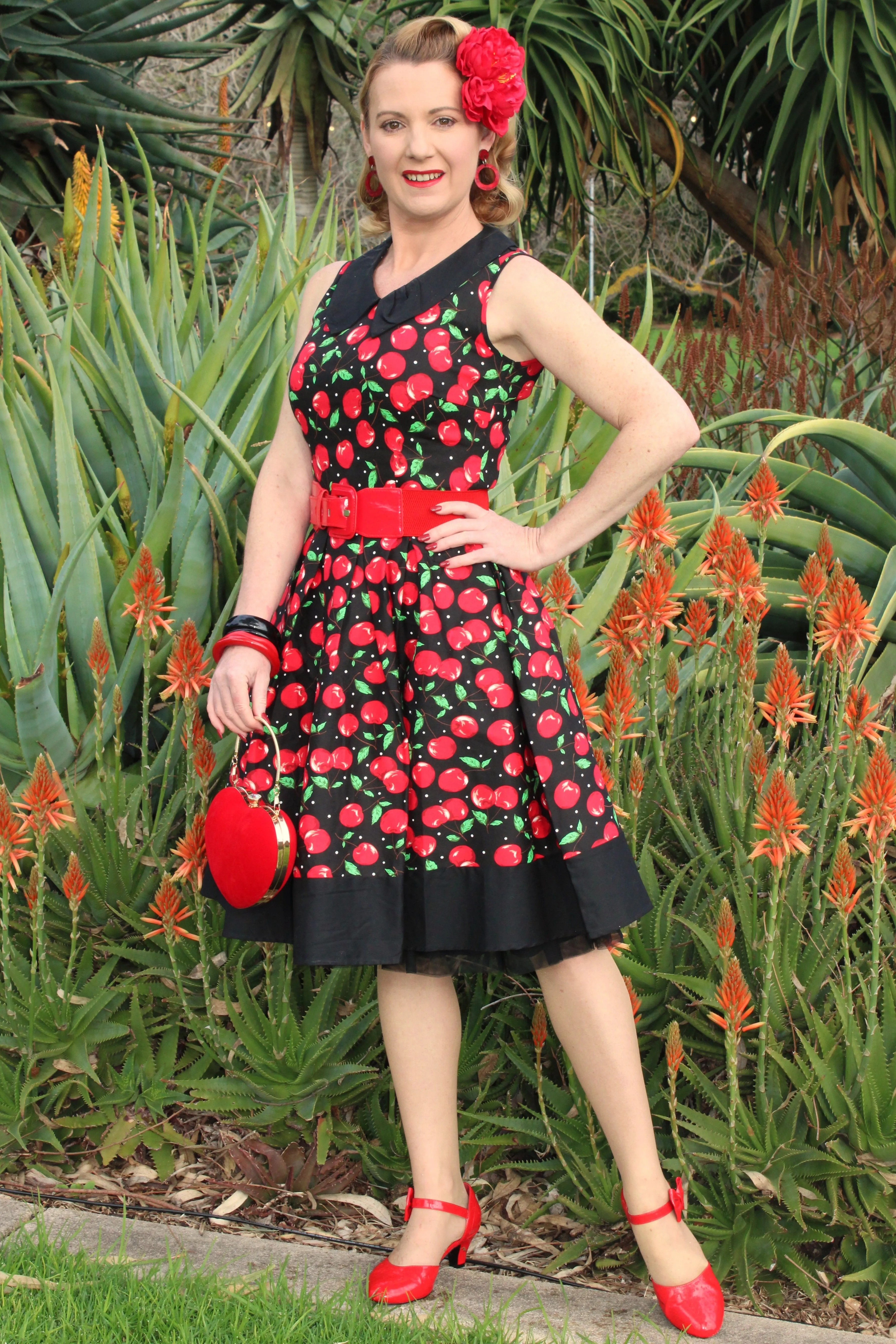 Hazel Vintage Swing Dress in Black/Red Cherry Print