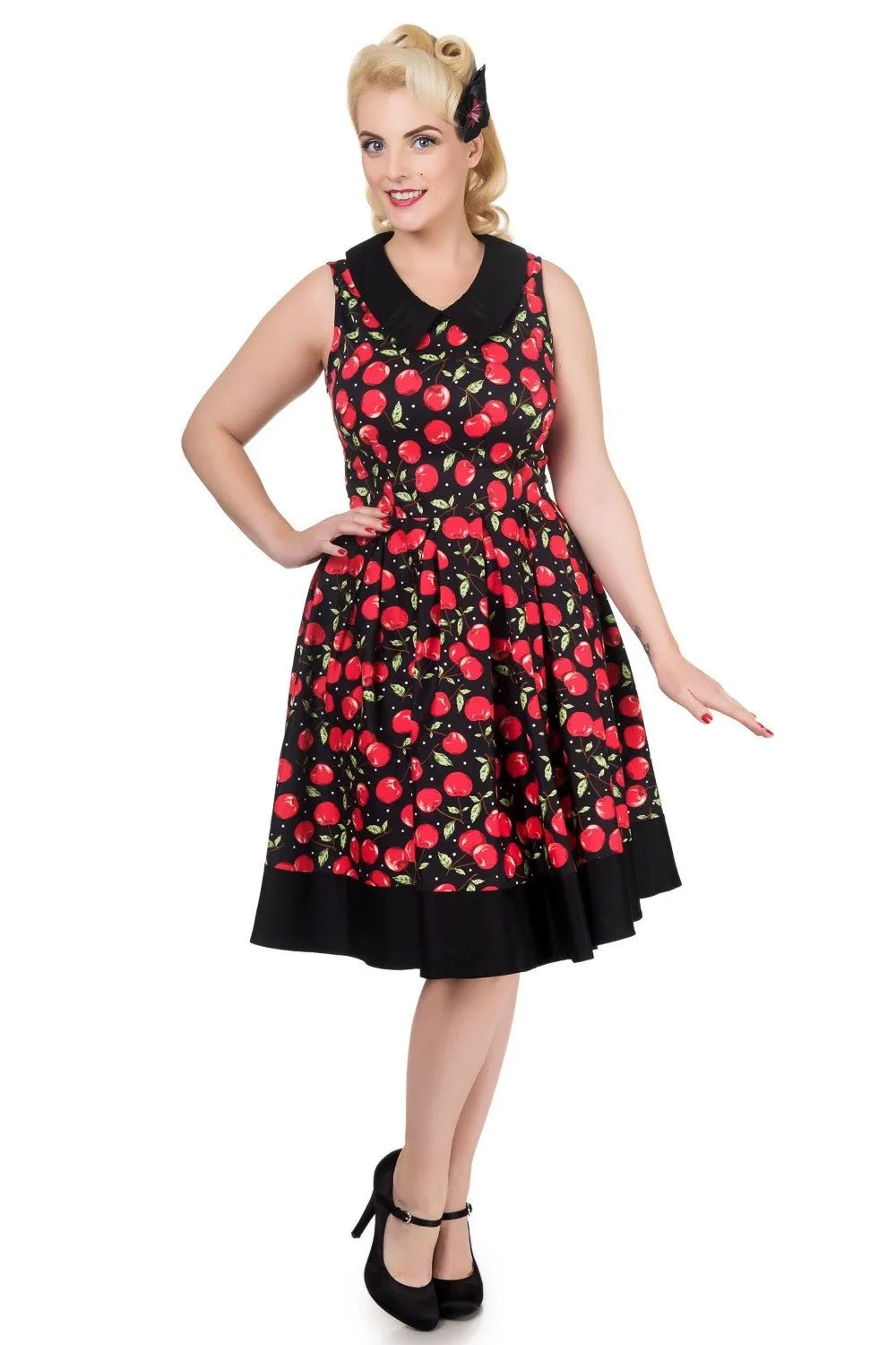 Hazel Vintage Swing Dress in Black/Red Cherry Print