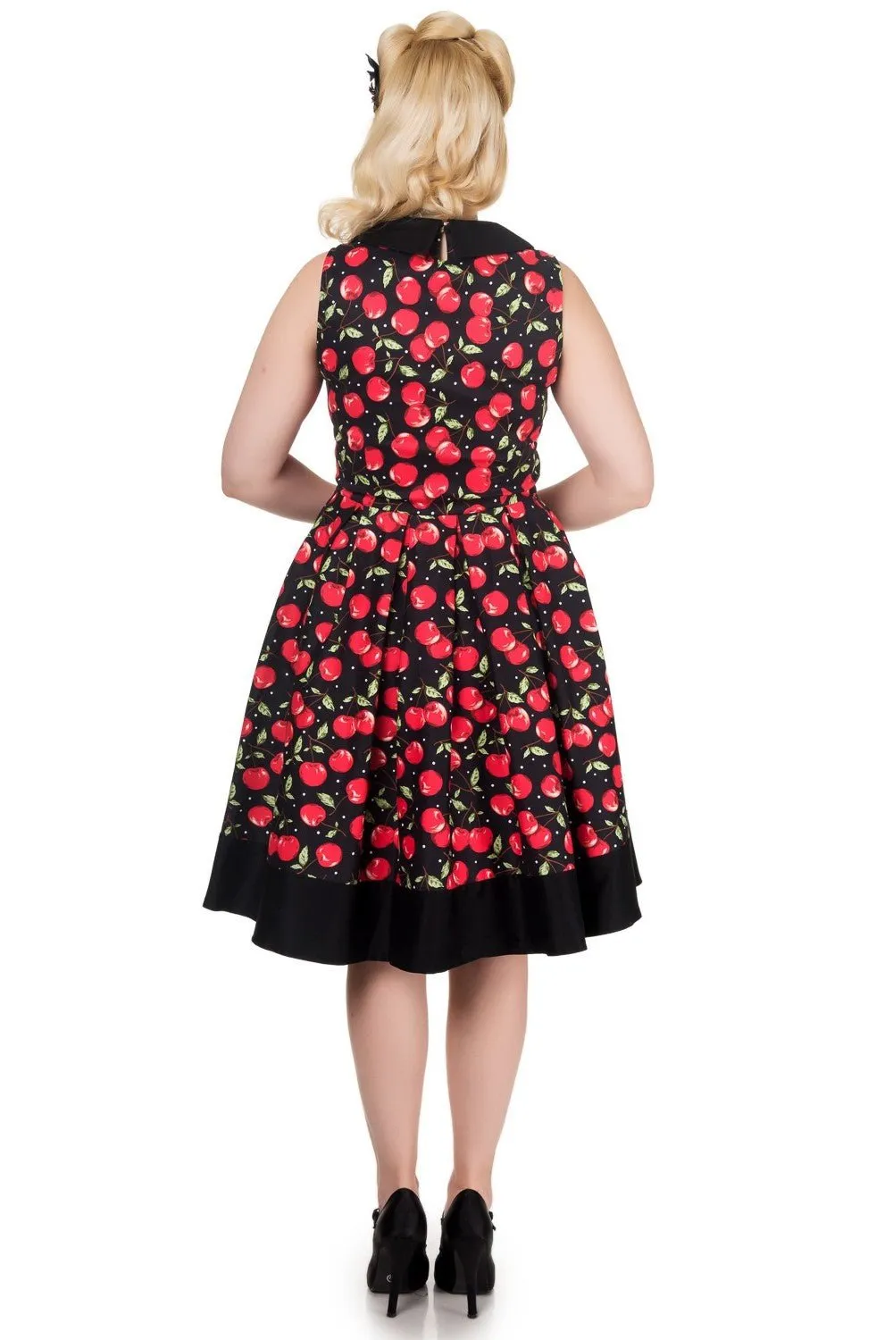 Hazel Vintage Swing Dress in Black/Red Cherry Print