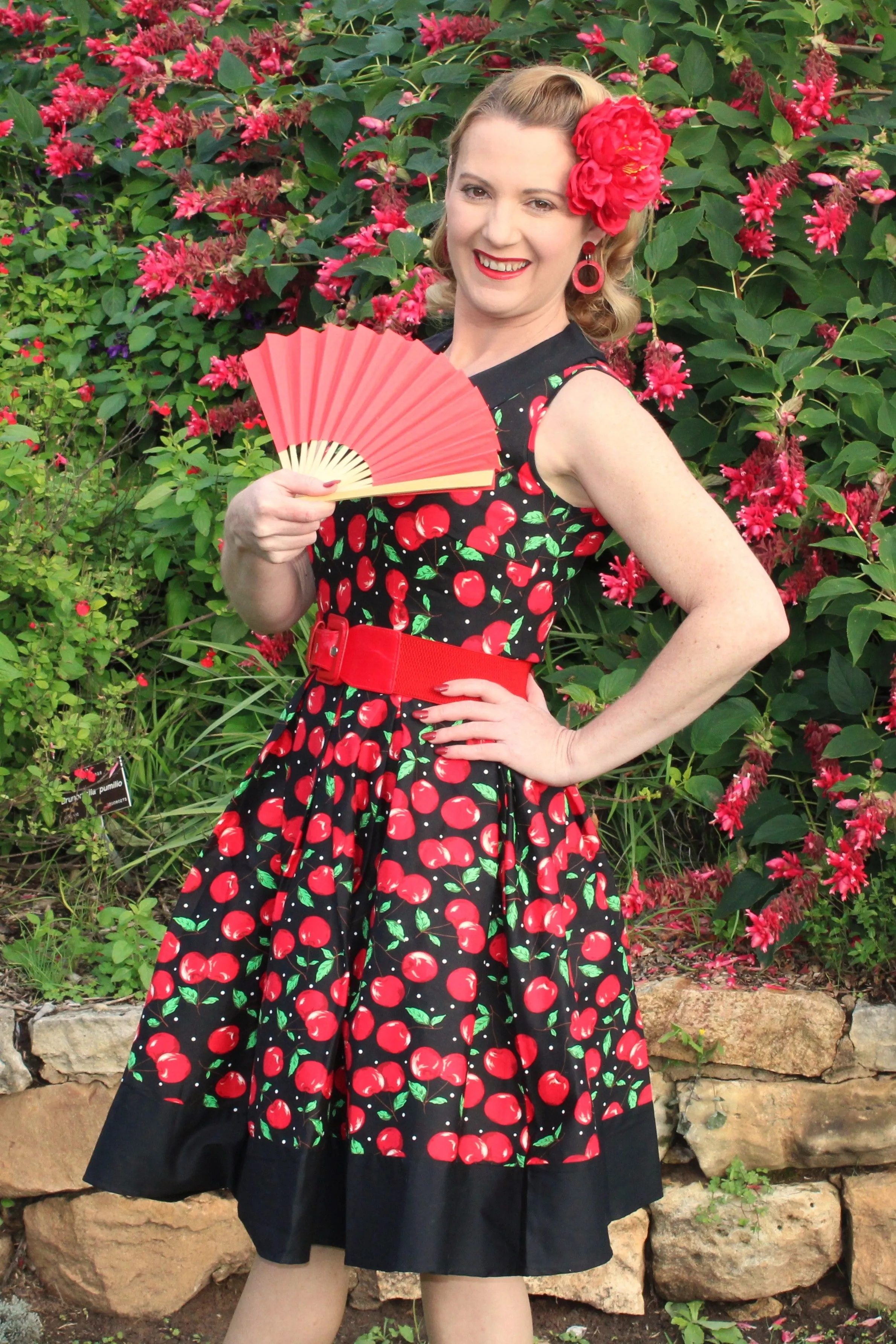 Hazel Vintage Swing Dress in Black/Red Cherry Print