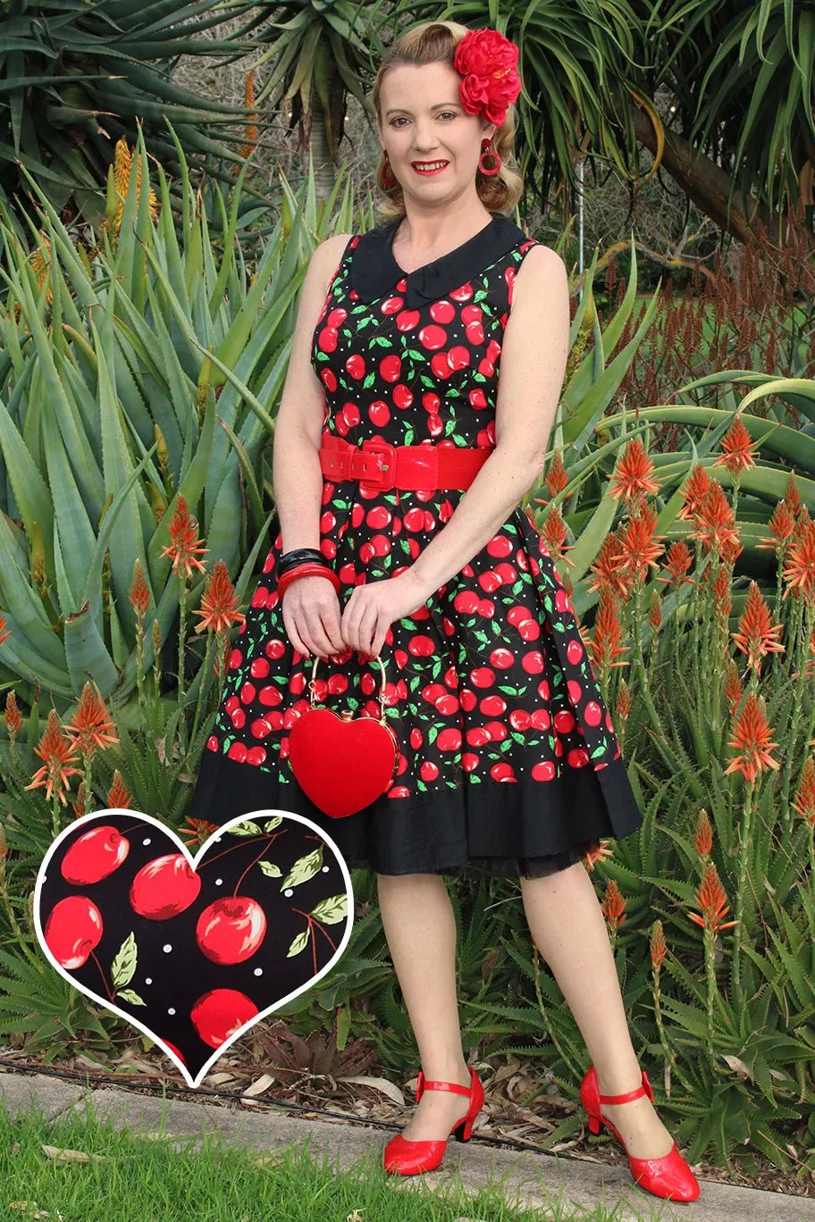 Hazel Vintage Swing Dress in Black/Red Cherry Print