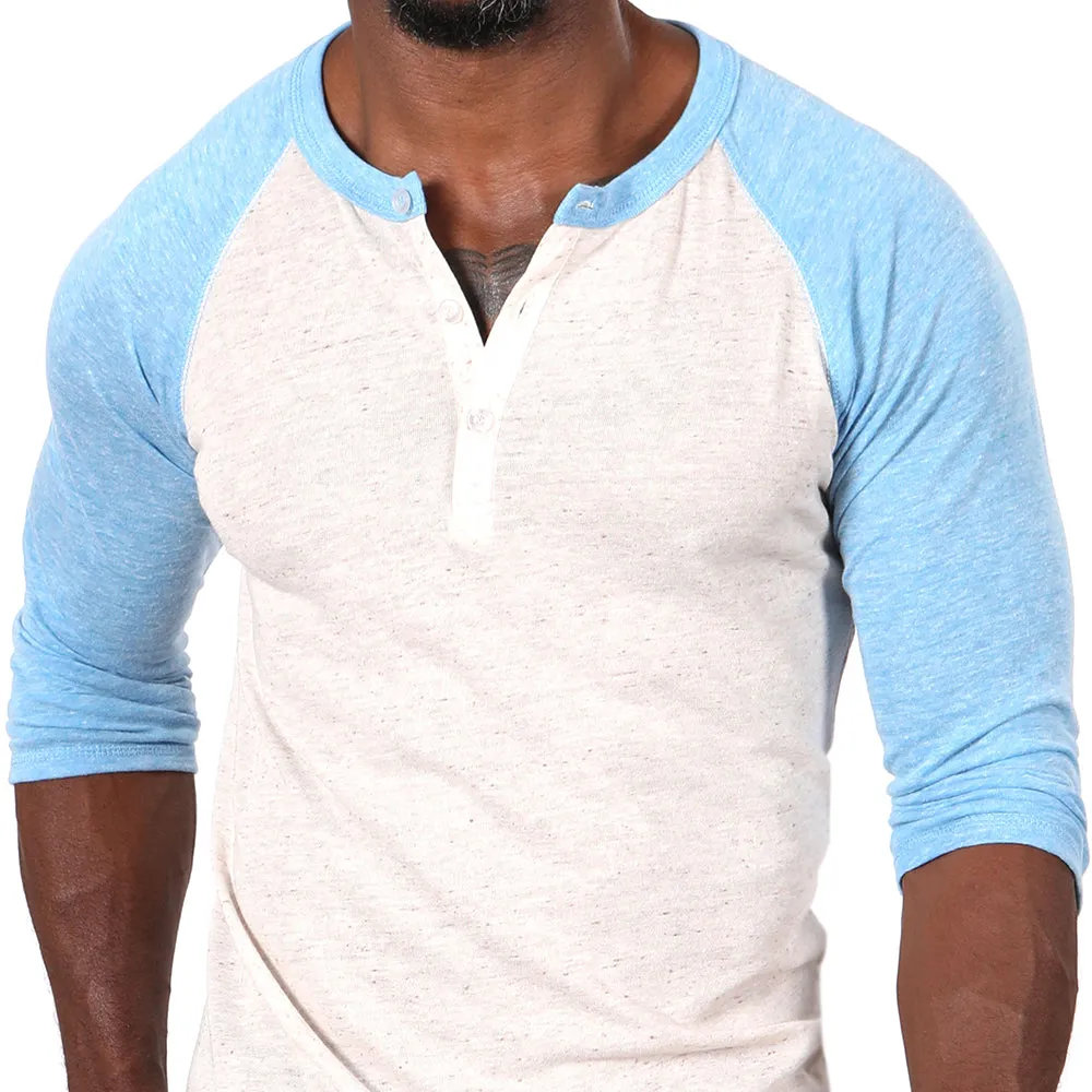 Heather & Light Blue Contrast 3/4 Raglan Sleeve Tri-Blend Henley - Made In USA (Size XXL Remaining)