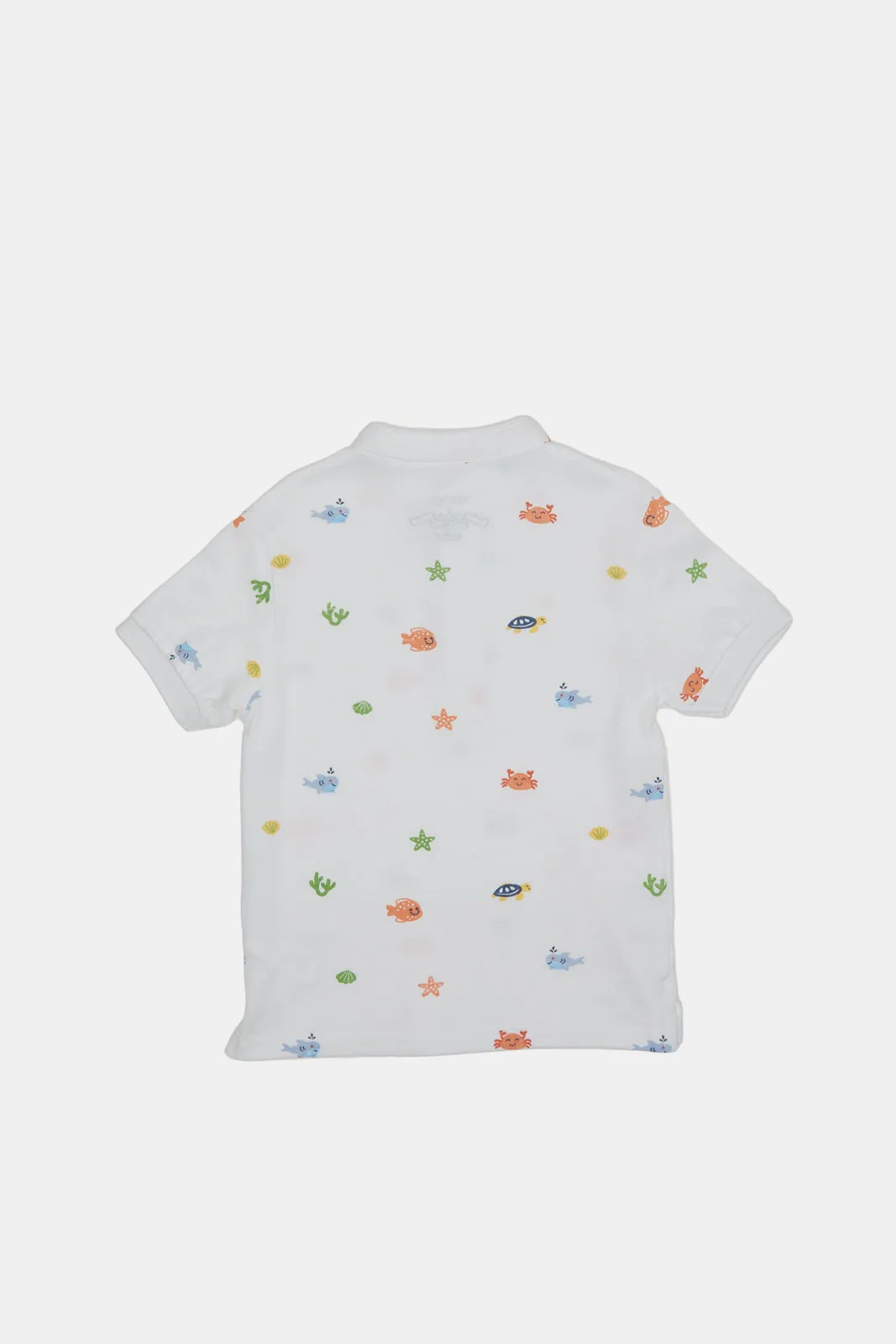 Infant Boys White Sea Fish Printed Henley Polo