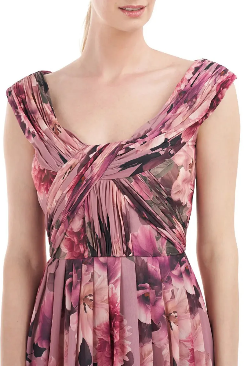 Kay Unger Scoop Neck Cap Sleeve Floral Print Pleated Chiffon Dress