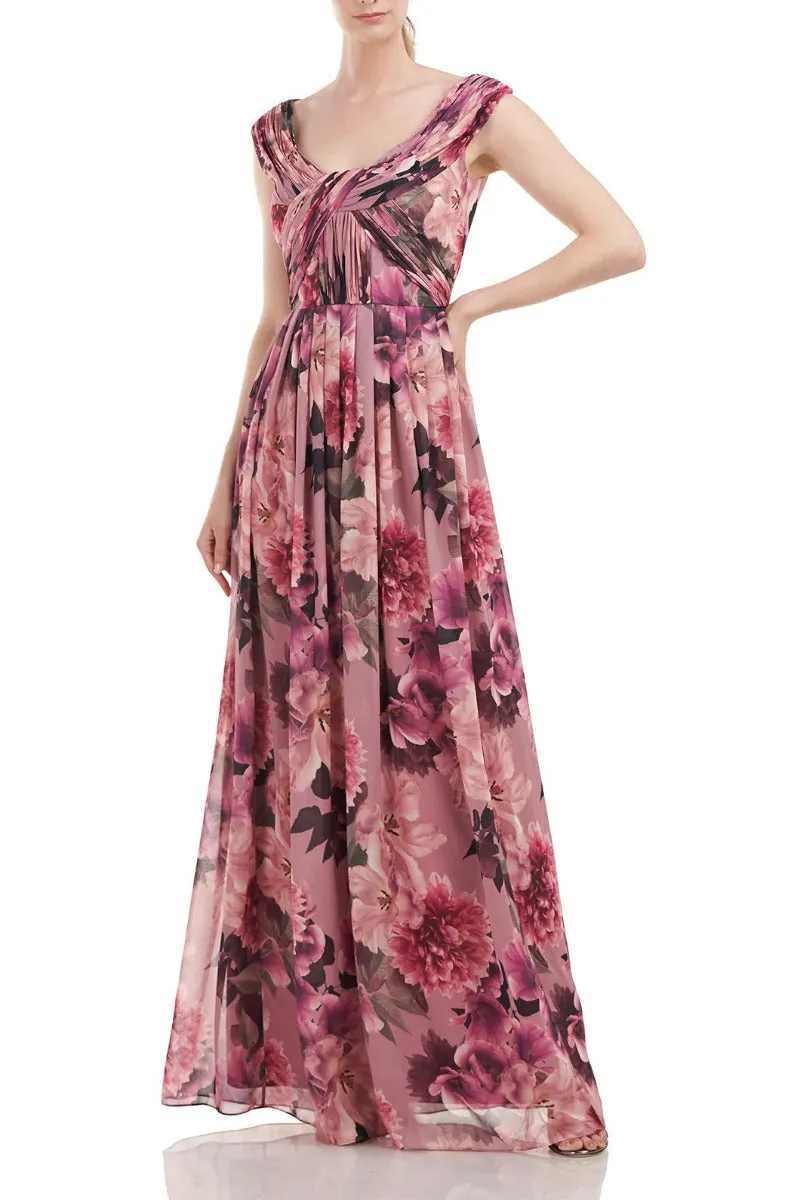 Kay Unger Scoop Neck Cap Sleeve Floral Print Pleated Chiffon Dress