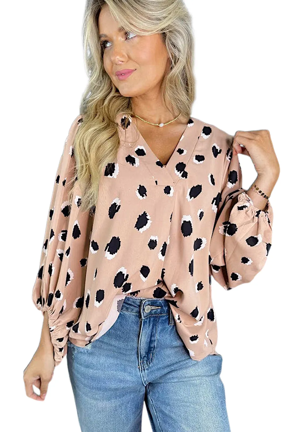 Khaki Leopard V Neck Bracelet Sleeve Blouse