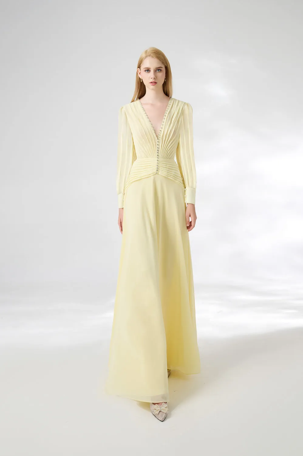 Khalil A-line Cuff Sleeved Chiffon Floor Length Dress