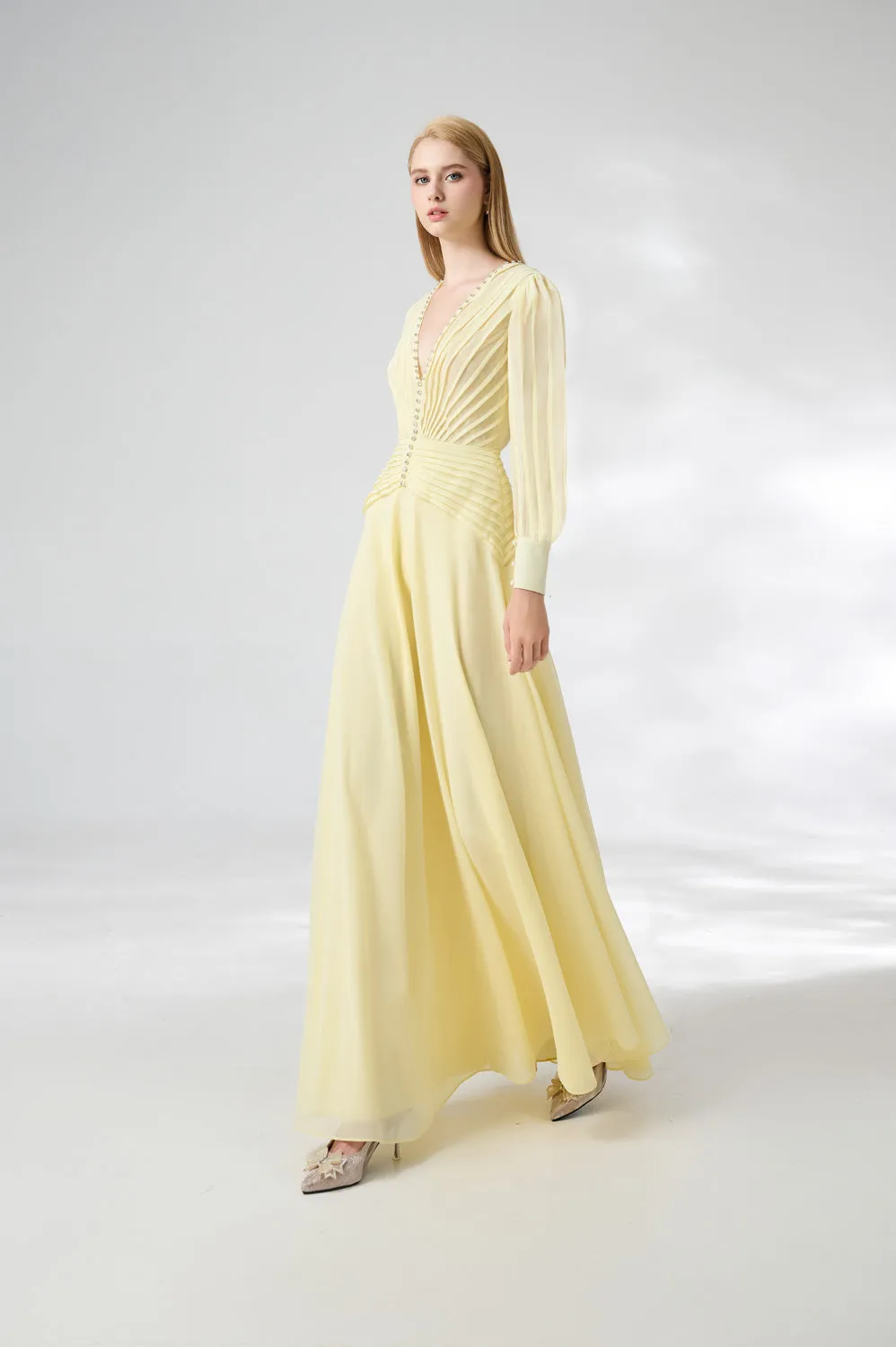 Khalil A-line Cuff Sleeved Chiffon Floor Length Dress