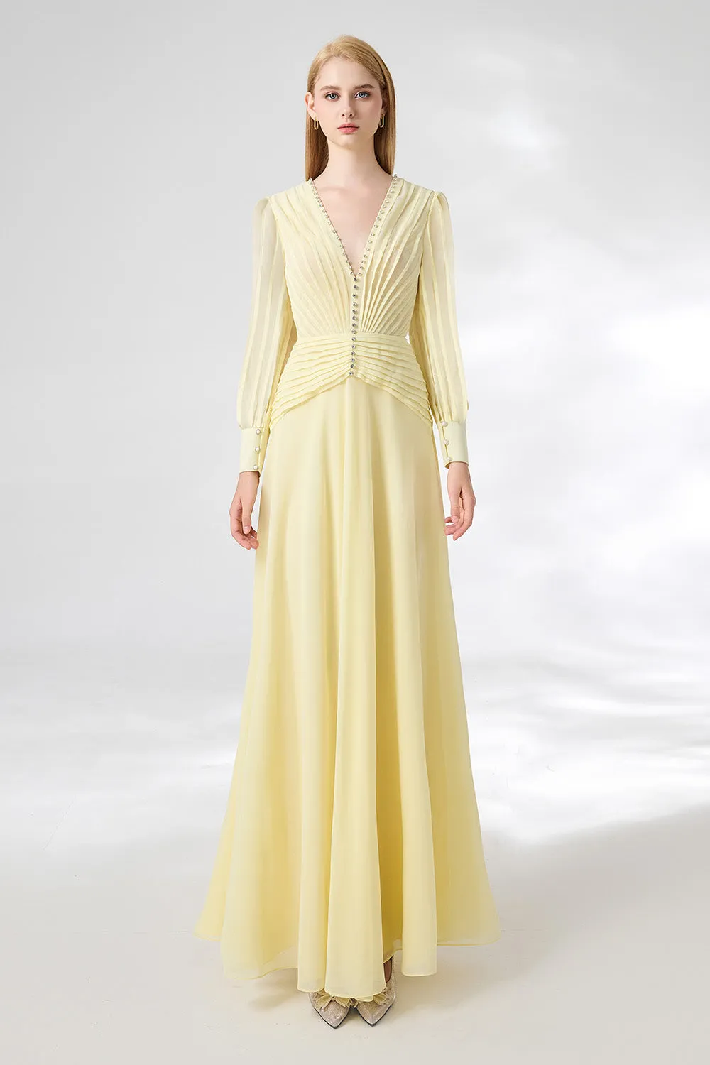 Khalil A-line Cuff Sleeved Chiffon Floor Length Dress