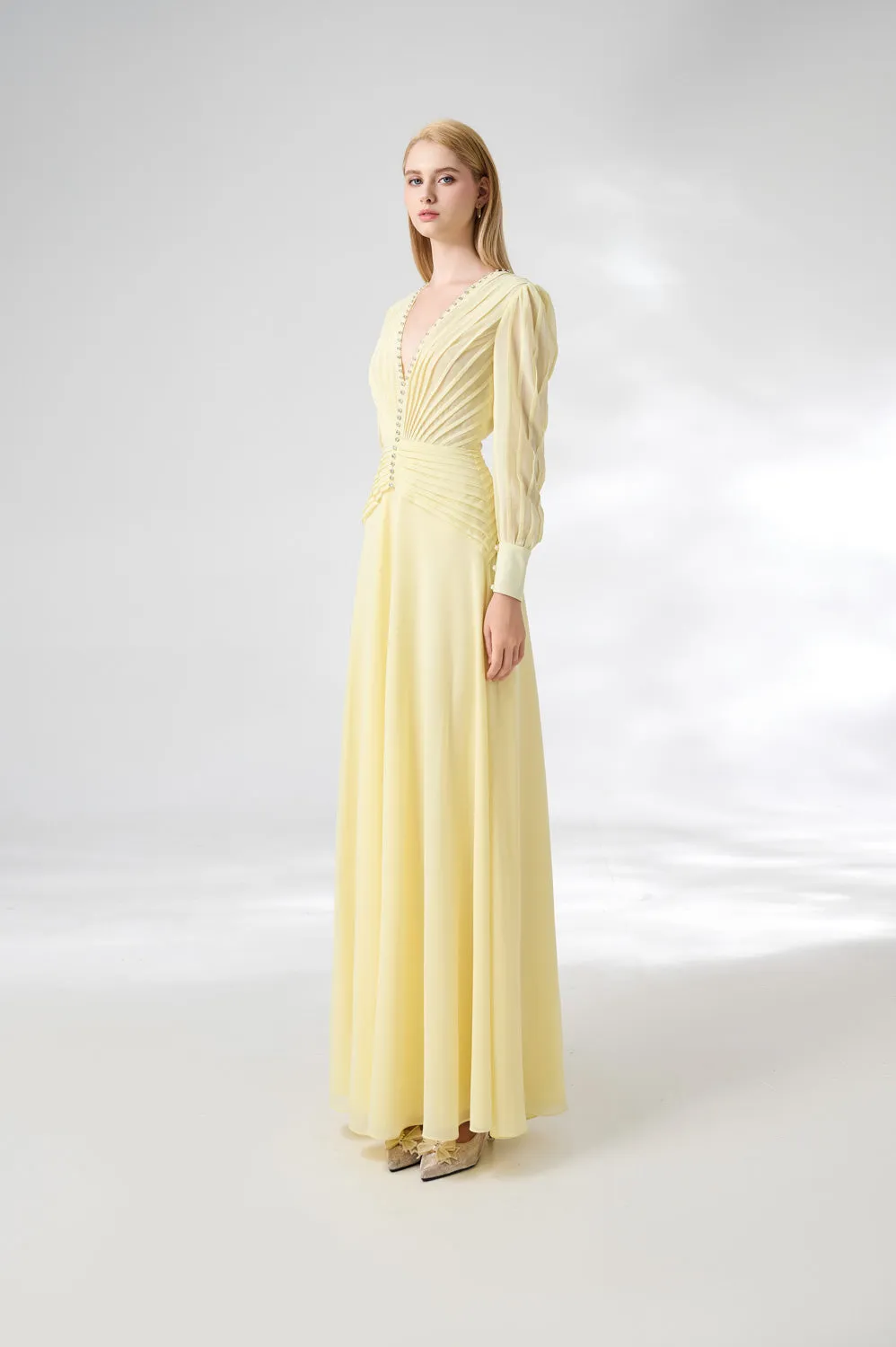 Khalil A-line Cuff Sleeved Chiffon Floor Length Dress