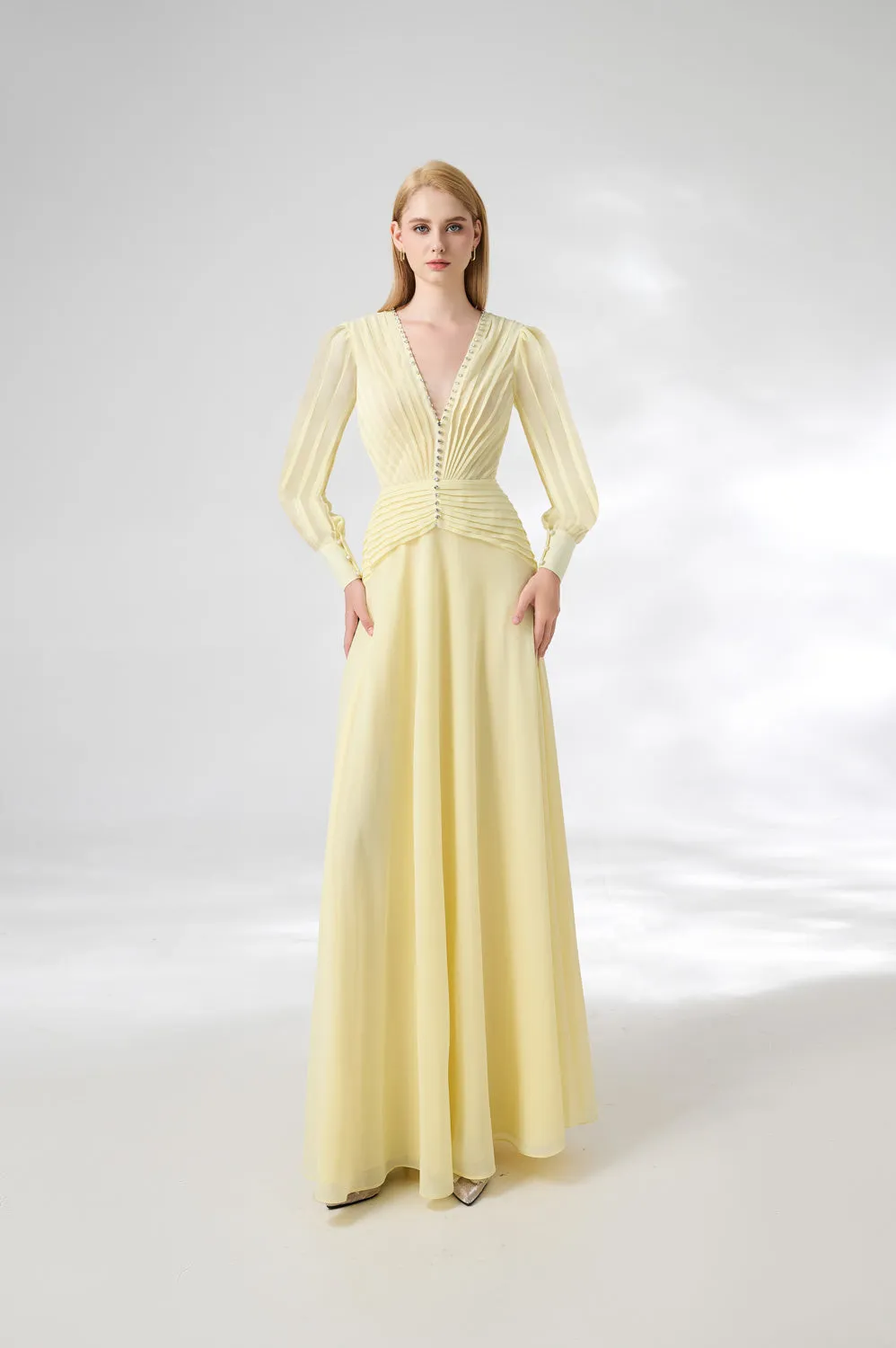 Khalil A-line Cuff Sleeved Chiffon Floor Length Dress