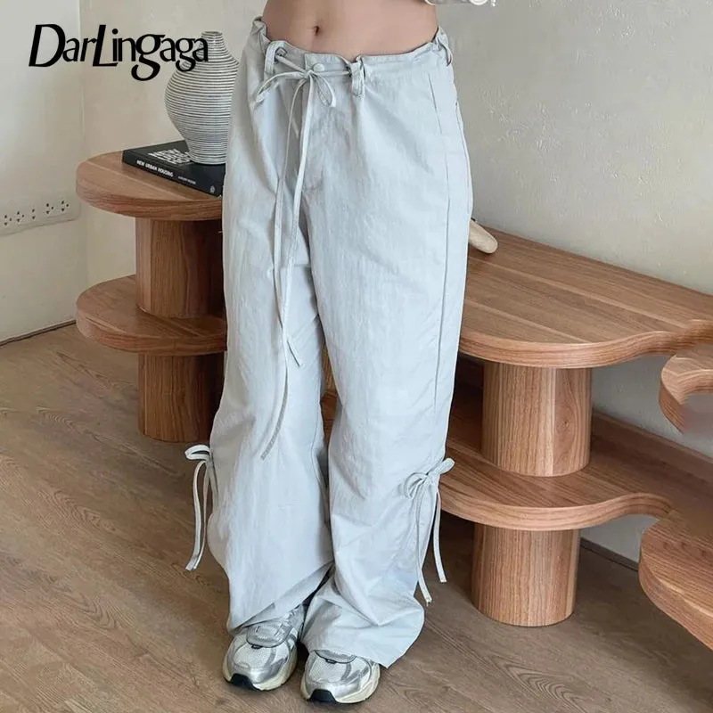 Korean Fashion Straight Leg Pink Women Trousers Bow Tie-Up Harajuku Pants Girls Solid Cute Coquette Capris Sweatpants