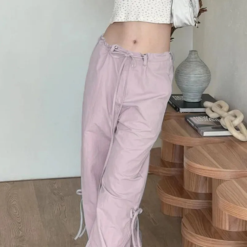 Korean Fashion Straight Leg Pink Women Trousers Bow Tie-Up Harajuku Pants Girls Solid Cute Coquette Capris Sweatpants