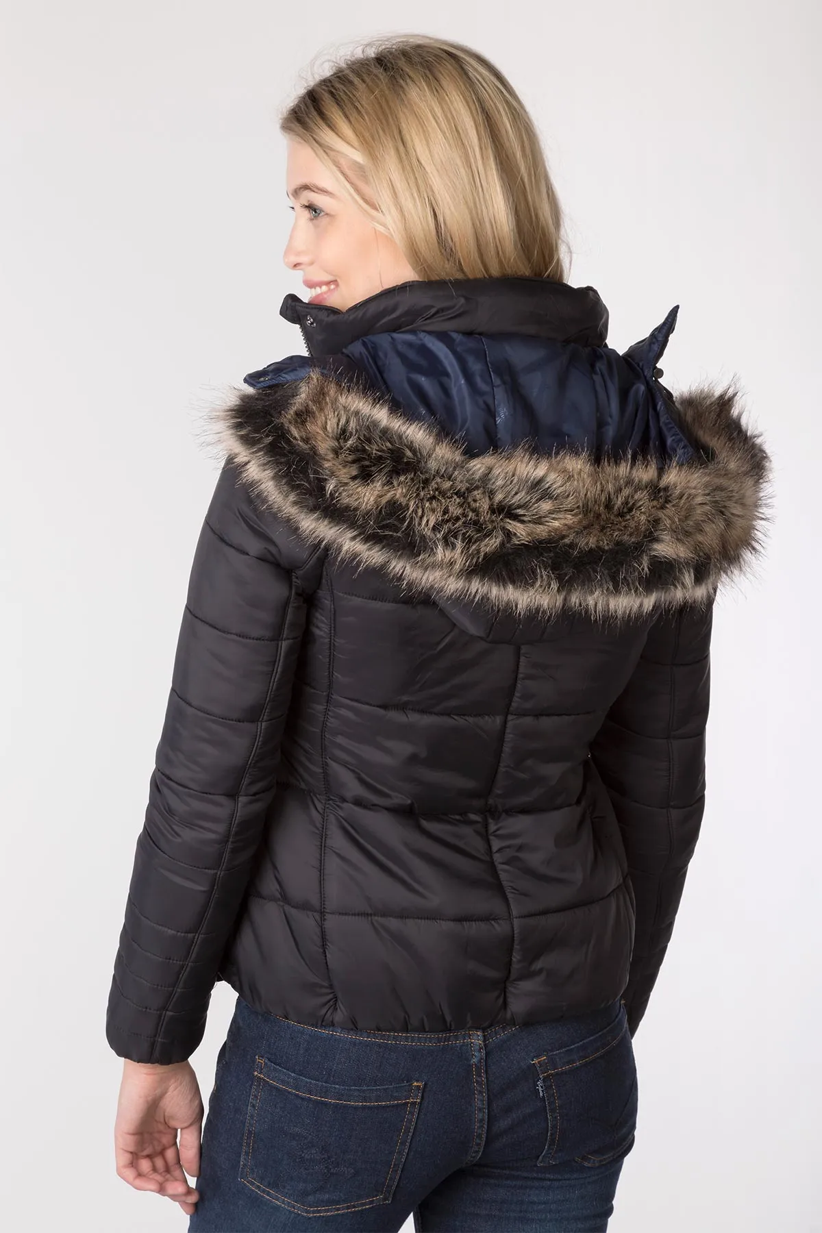 Ladies Short Fur Trim Coat - Arram