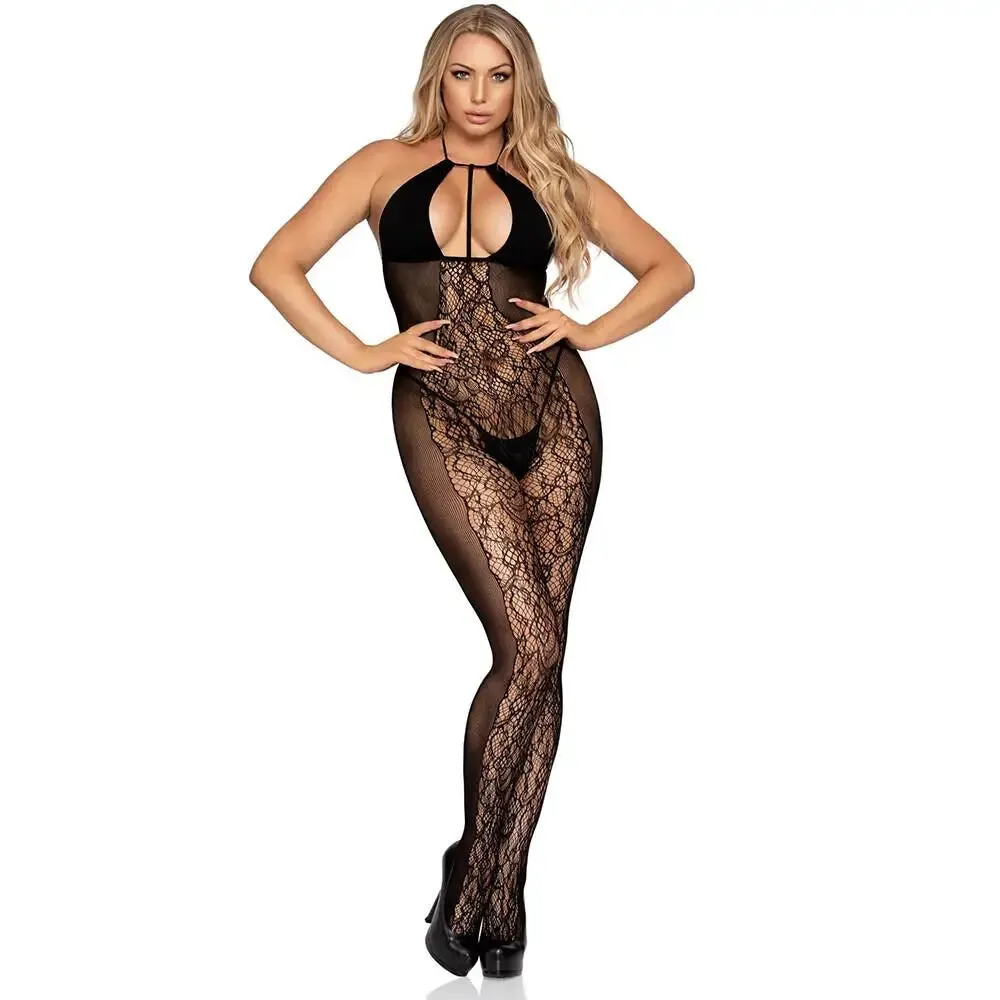 Leg Avenue Black Lace and Opaque Plus Size Bodystocking Uk 6 to 12