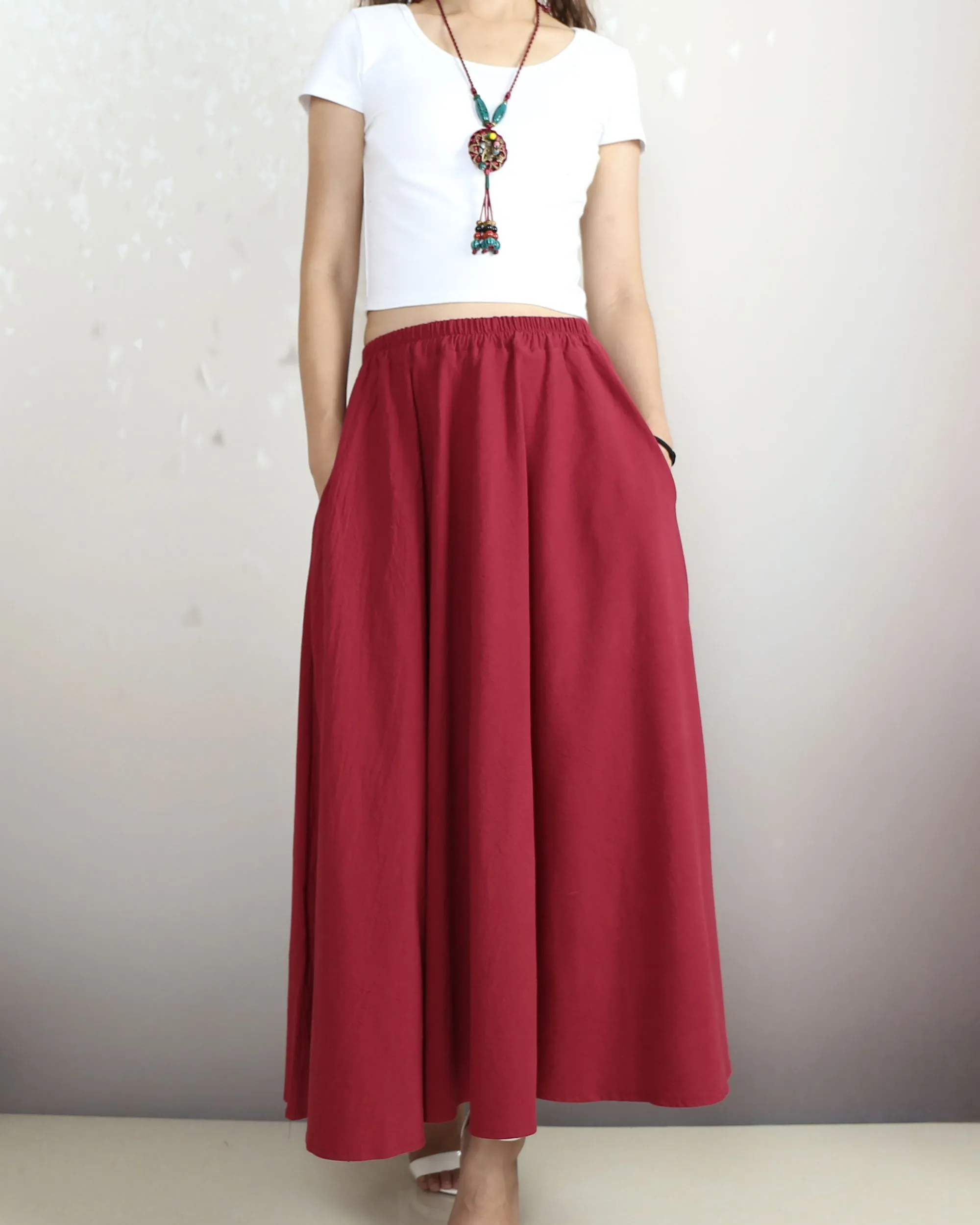 Linen skirt, Elastic waist skirt, Boho skirt with pockets, high waist skirt, flared skirt(Q1065)