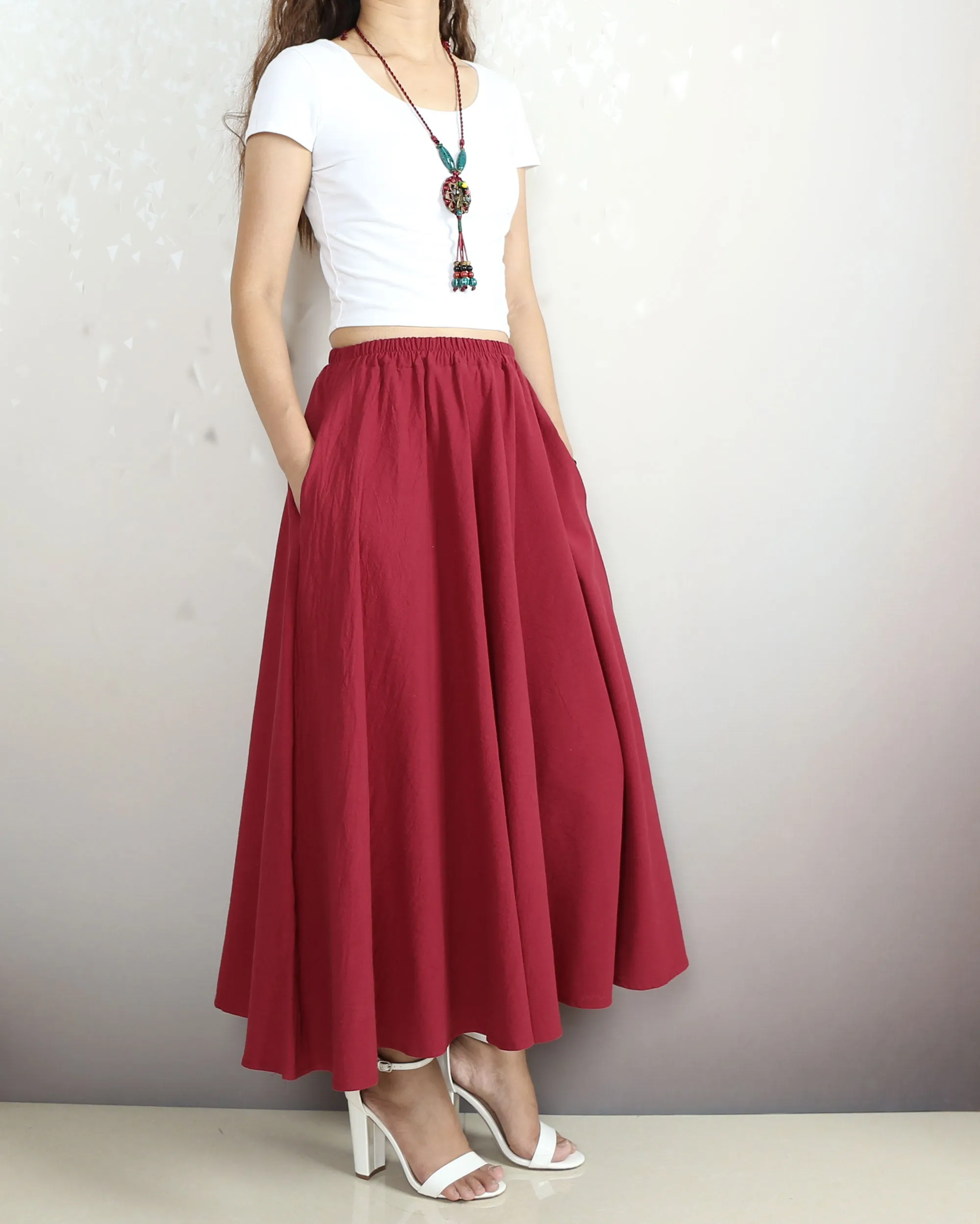 Linen skirt, Elastic waist skirt, Boho skirt with pockets, high waist skirt, flared skirt(Q1065)