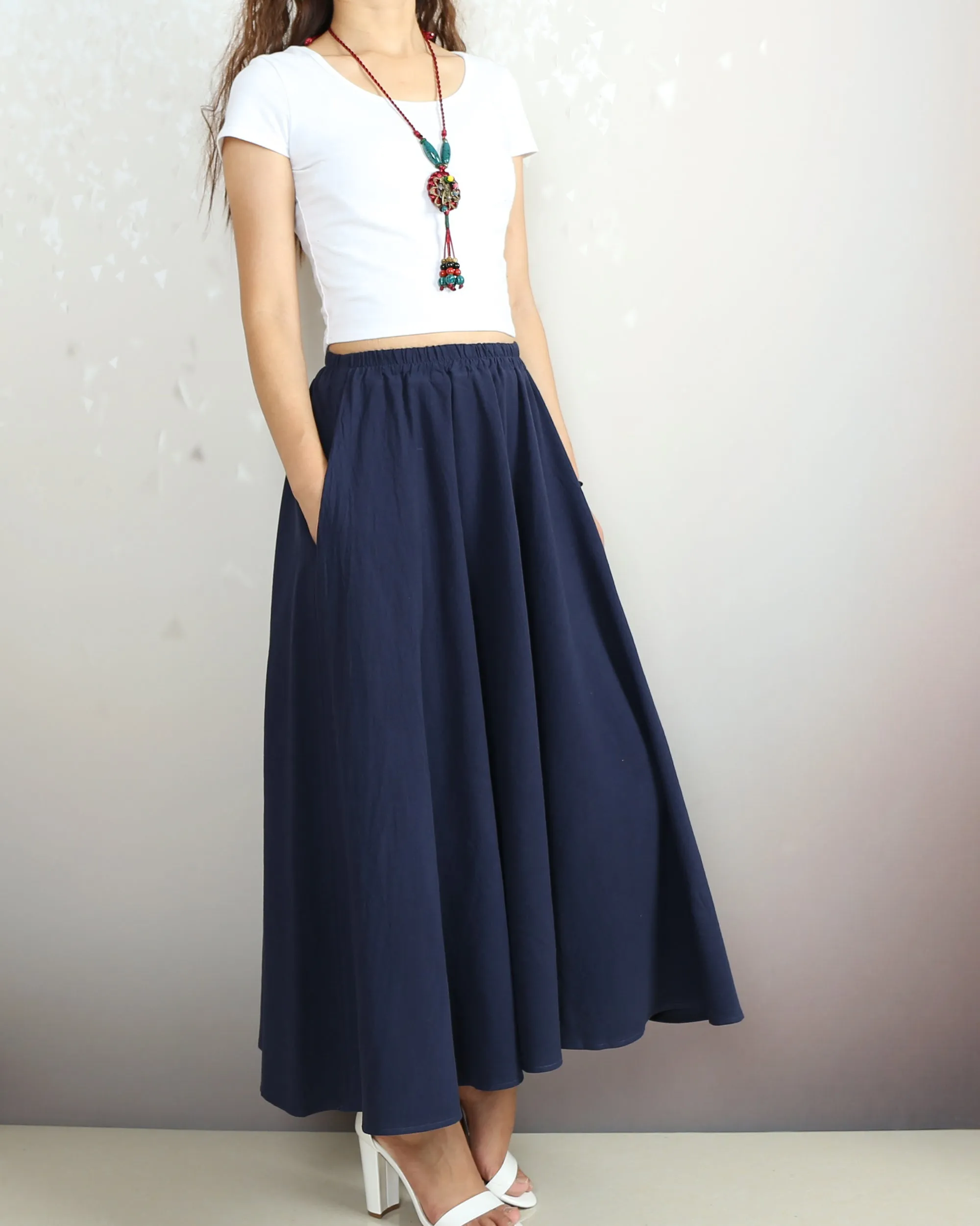 Linen skirt, Elastic waist skirt, Boho skirt with pockets, high waist skirt, flared skirt(Q1065)