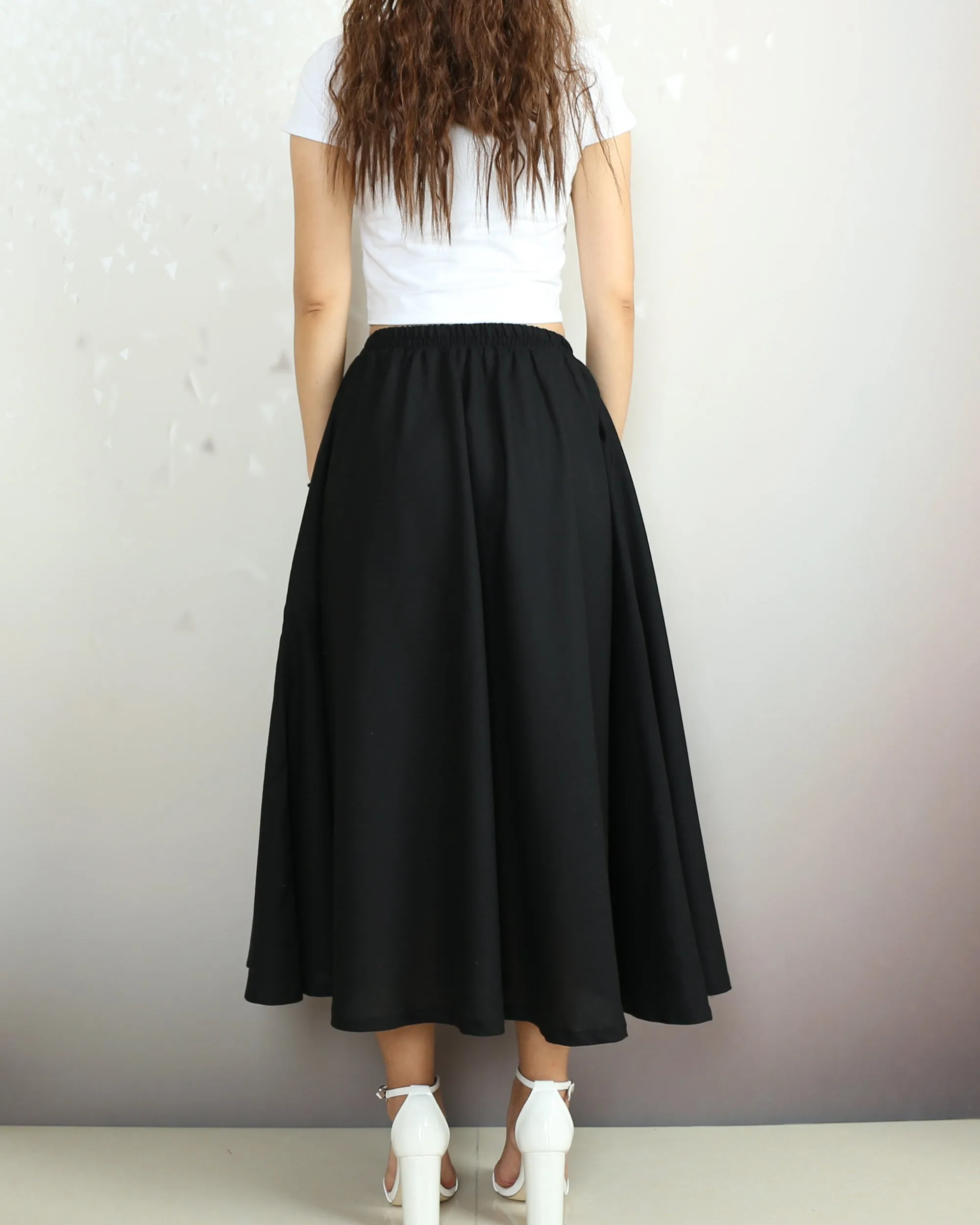 Linen skirt, Elastic waist skirt, Boho skirt with pockets, high waist skirt, flared skirt(Q1065)