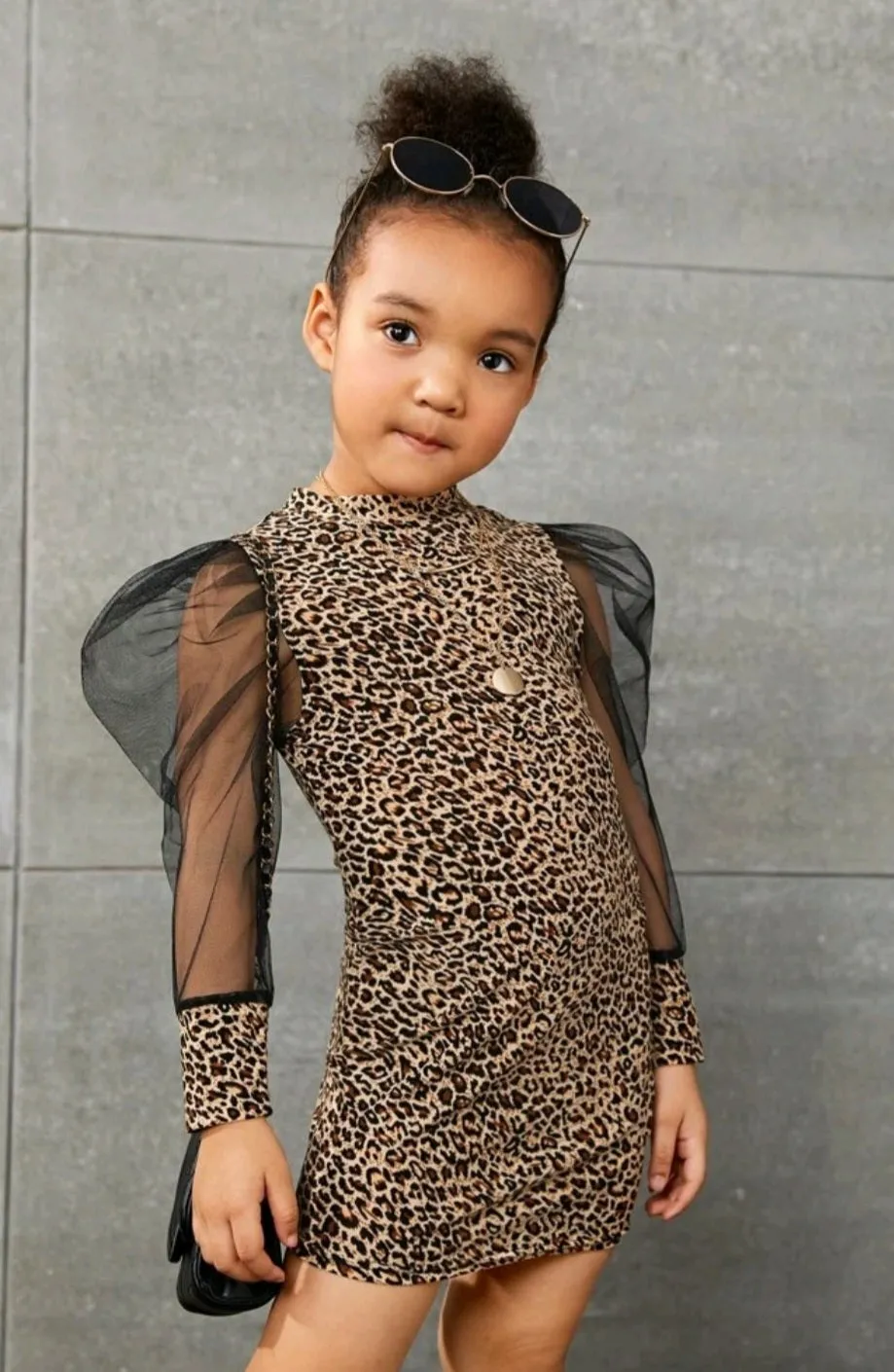 Little Leopard Dress with Puffy Mesh Sleeves #10028