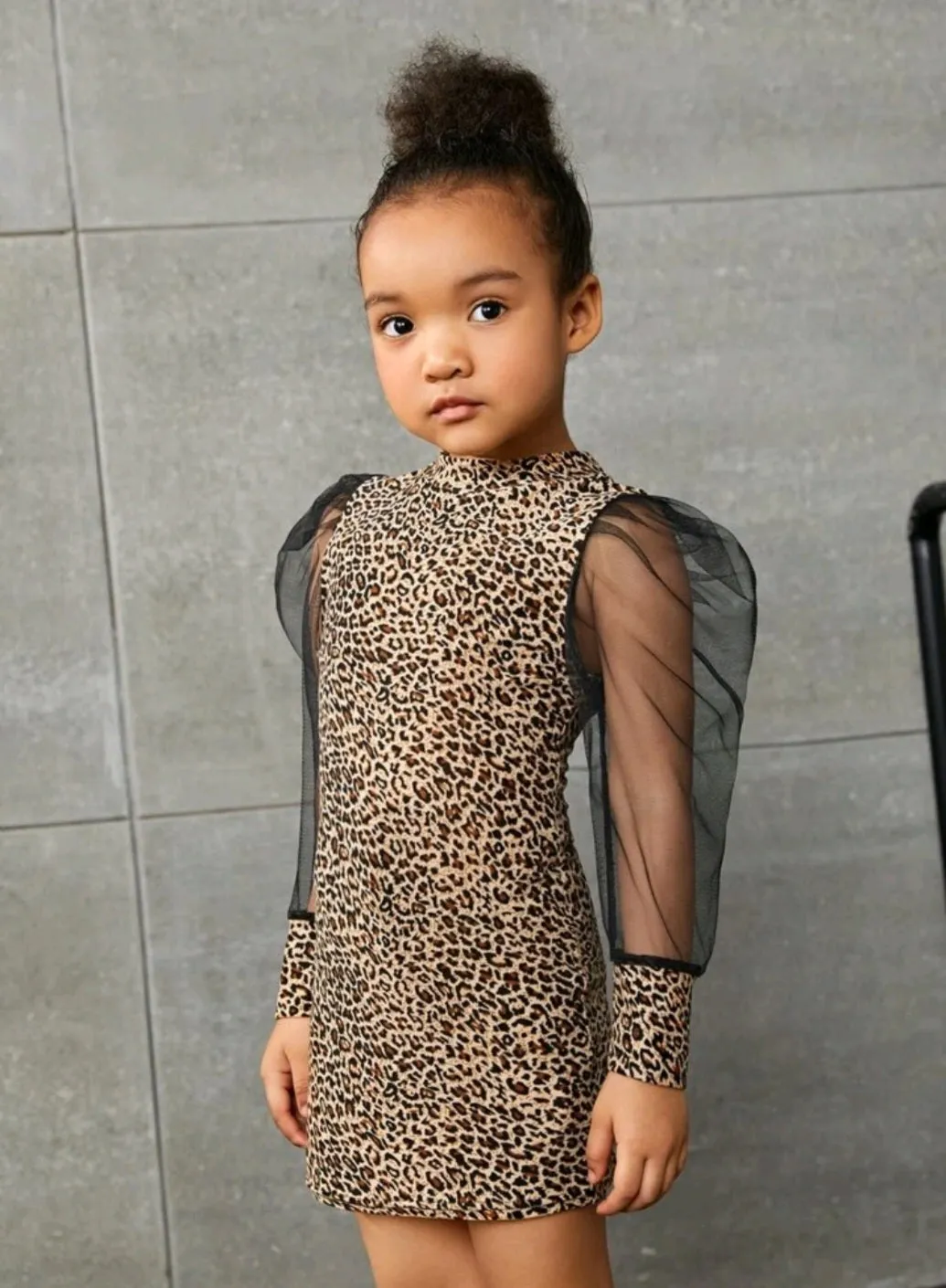 Little Leopard Dress with Puffy Mesh Sleeves #10028