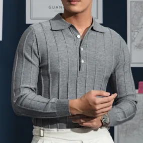 Long Sleeve Vertical Striped Slim Polo Shirt