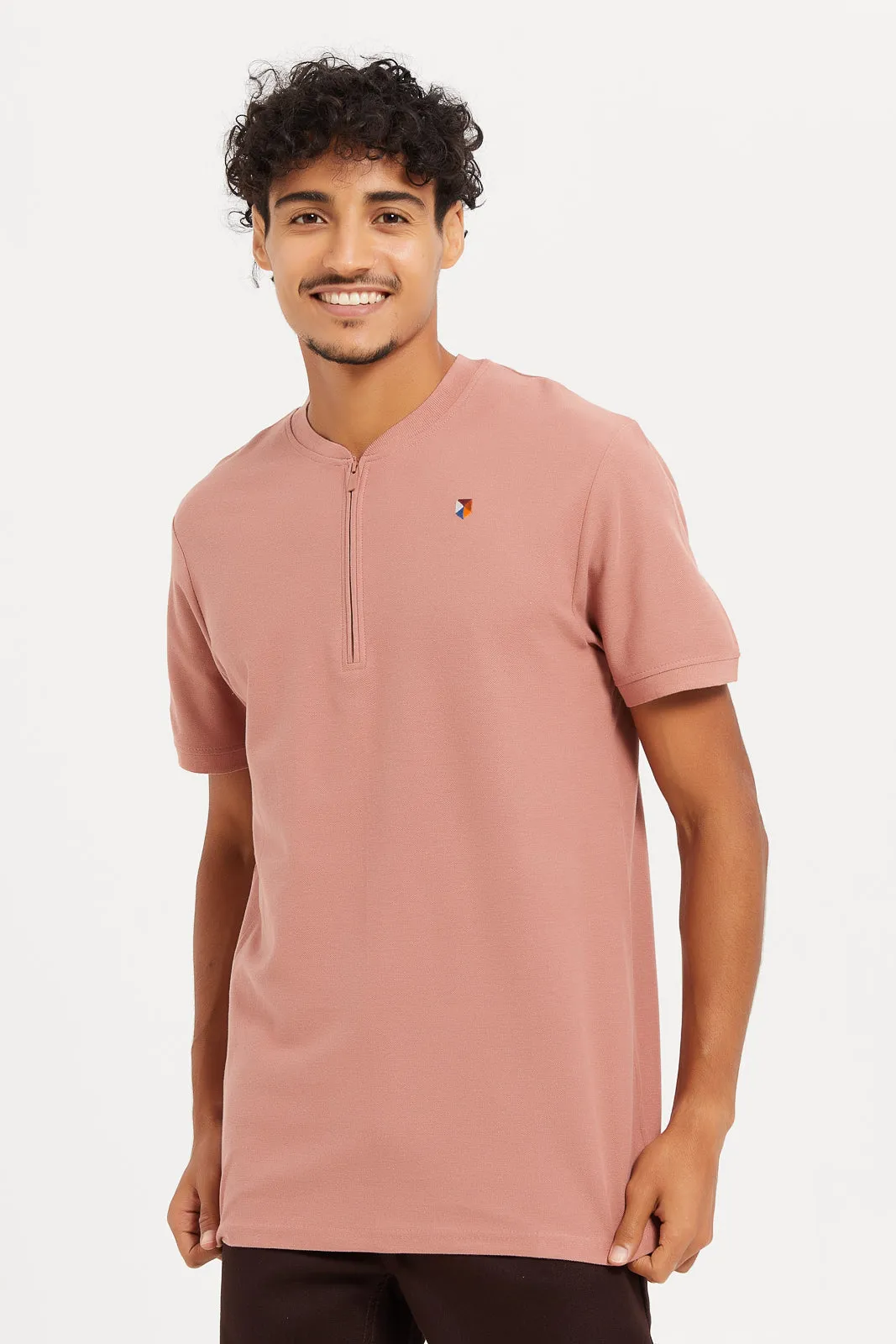 Men Pink Henley Collared Polo Shirt