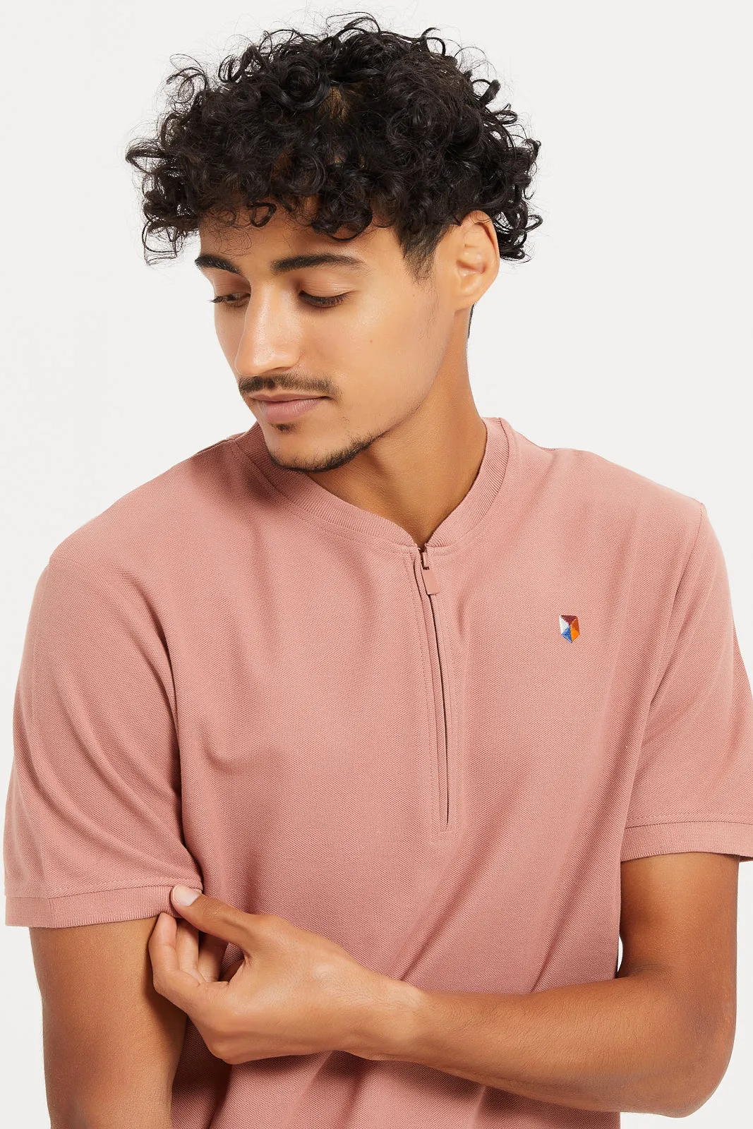 Men Pink Henley Collared Polo Shirt