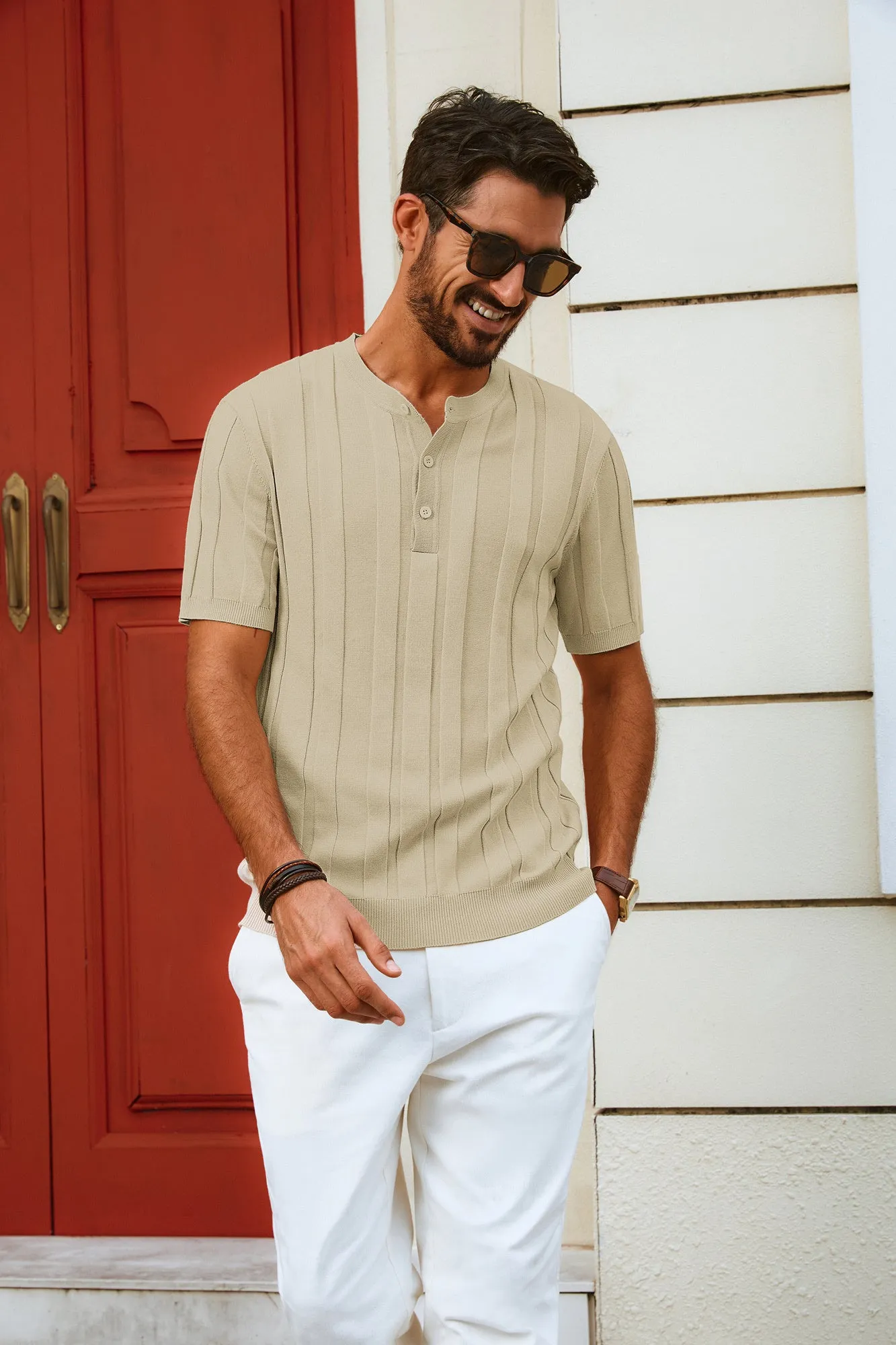 Men Textured Knitted T-Shirt Short Sleeve Henley Neck Knitwear Tops