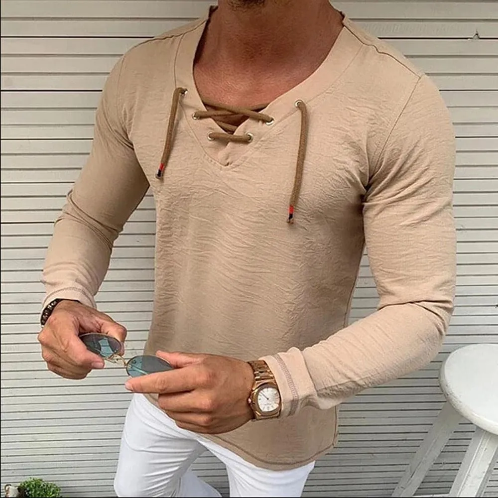 Men V-Neck Criss Cross Lace Up Long Sleeve Shirt