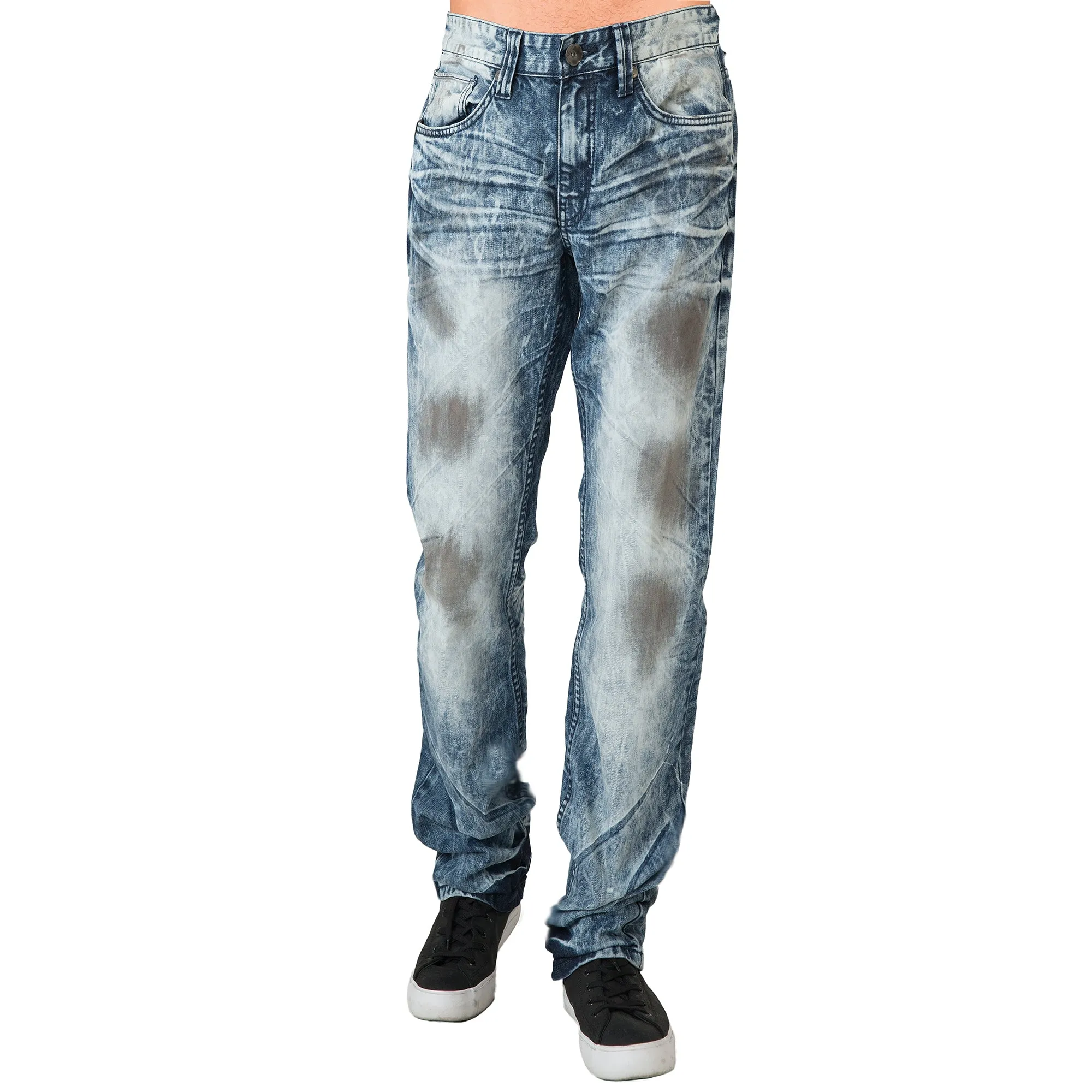 Mens Acid Washed Light Blue Oil Stain Premium Denim Jeans