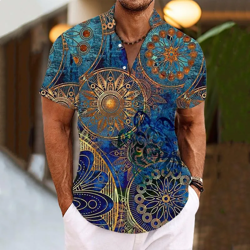 Men's Sea Turtle Flower Printed Henley Collar Short Sleeve Shirt 55138340L