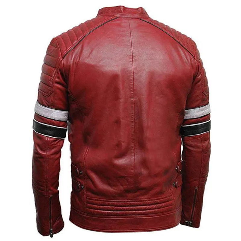 Mens Striped Café Racer Biker Leather Jacket