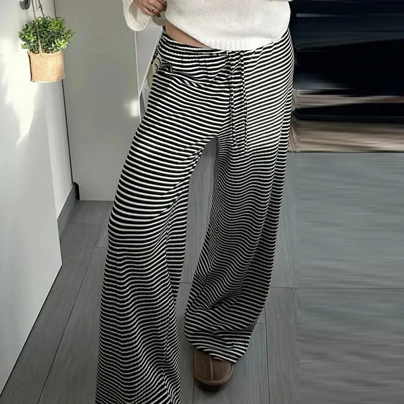 Metaversmall Casual Stripe Low Waist Women Pants Straight Leg Basic Drawstring Sweatpants Homewear Trousers Knitted All-Match New