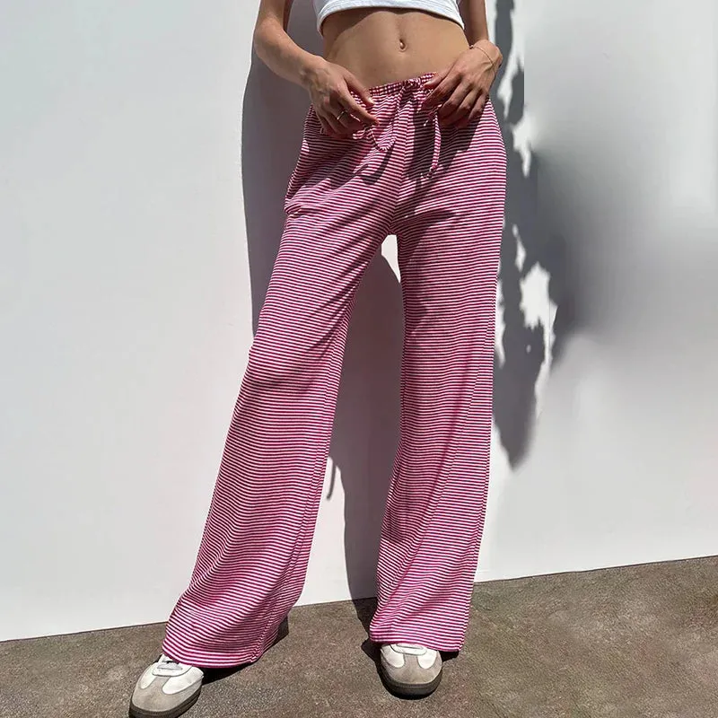 Metaversmall Casual Stripe Low Waist Women Pants Straight Leg Basic Drawstring Sweatpants Homewear Trousers Knitted All-Match New