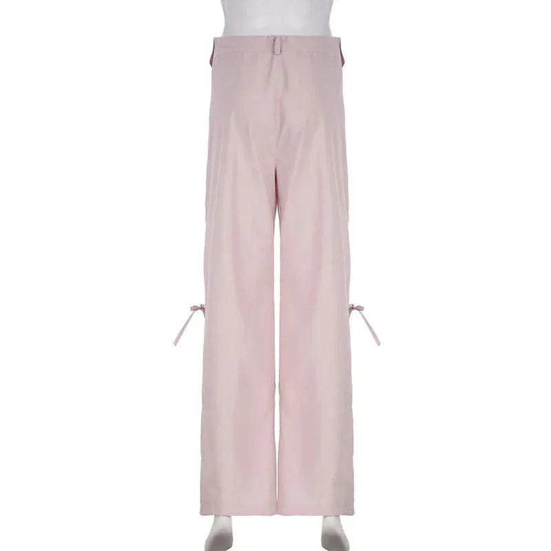 Metaversmall Korean Fashion Straight Leg Pink Women Trousers Bow Tie-Up Harajuku Pants Girls Solid Cute Coquette Capris Sweatpants