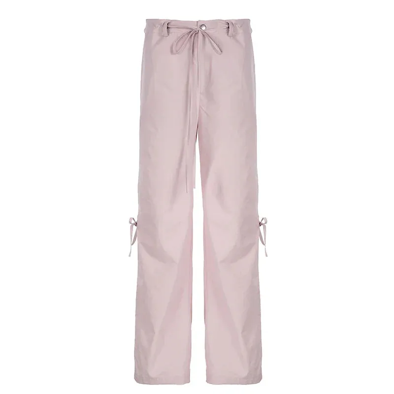 Metaversmall Korean Fashion Straight Leg Pink Women Trousers Bow Tie-Up Harajuku Pants Girls Solid Cute Coquette Capris Sweatpants