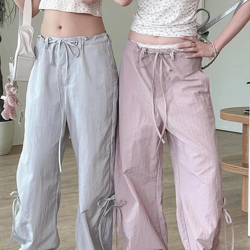 Metaversmall Korean Fashion Straight Leg Pink Women Trousers Bow Tie-Up Harajuku Pants Girls Solid Cute Coquette Capris Sweatpants