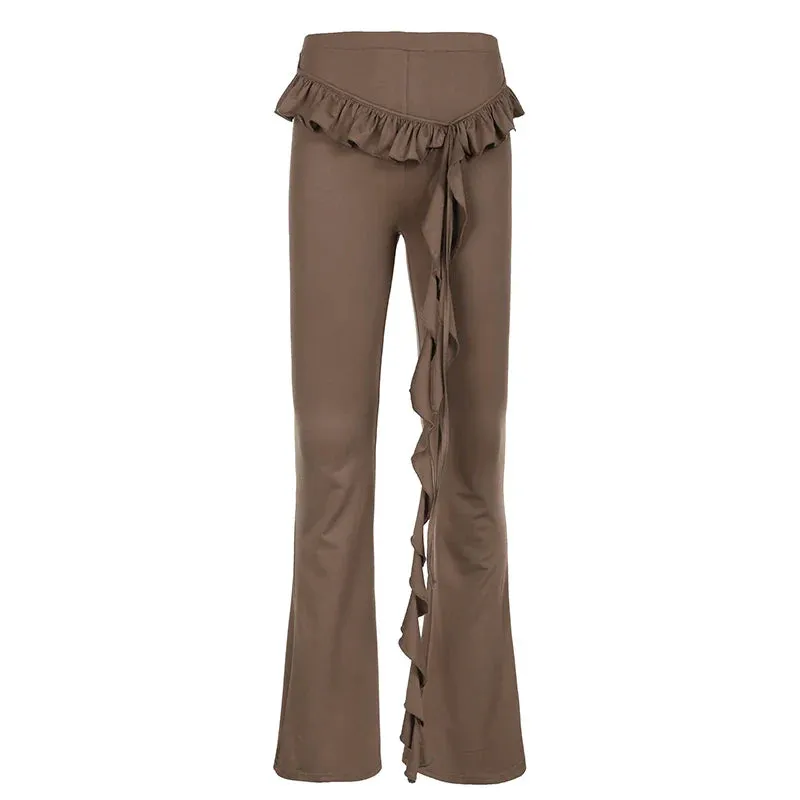 Metaversmall Streetwear Brown Skinny Ruffles Women Pants Solid Basic Harajuku Fringe Ruched Trousers Autumn Sweatpants Elastic New