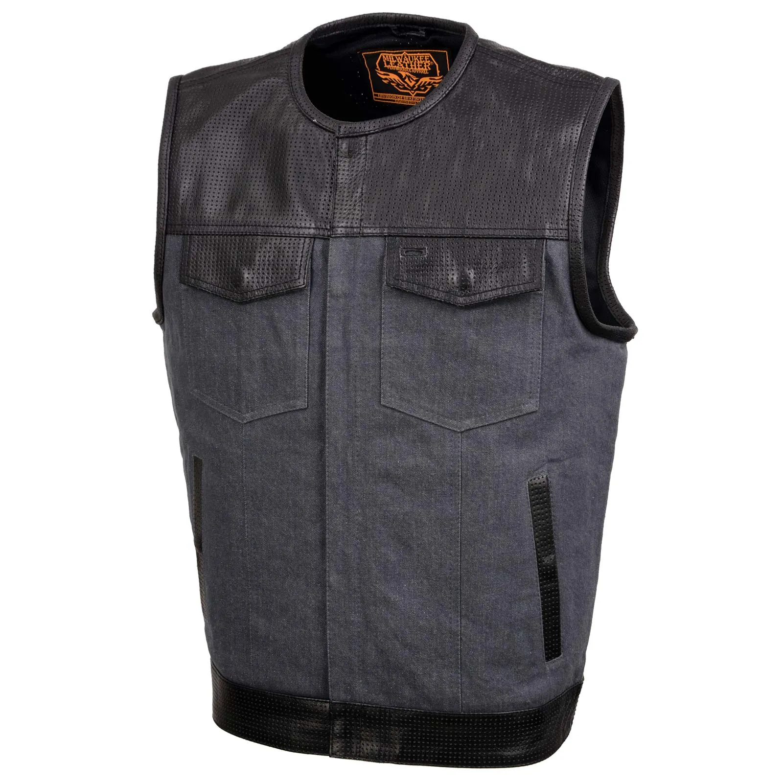 Milwaukee Leather MDM3005 Men's Brute Grey Denim w/ Black Perforated Leather Club Style Vest w/ Hidden Dual Closure