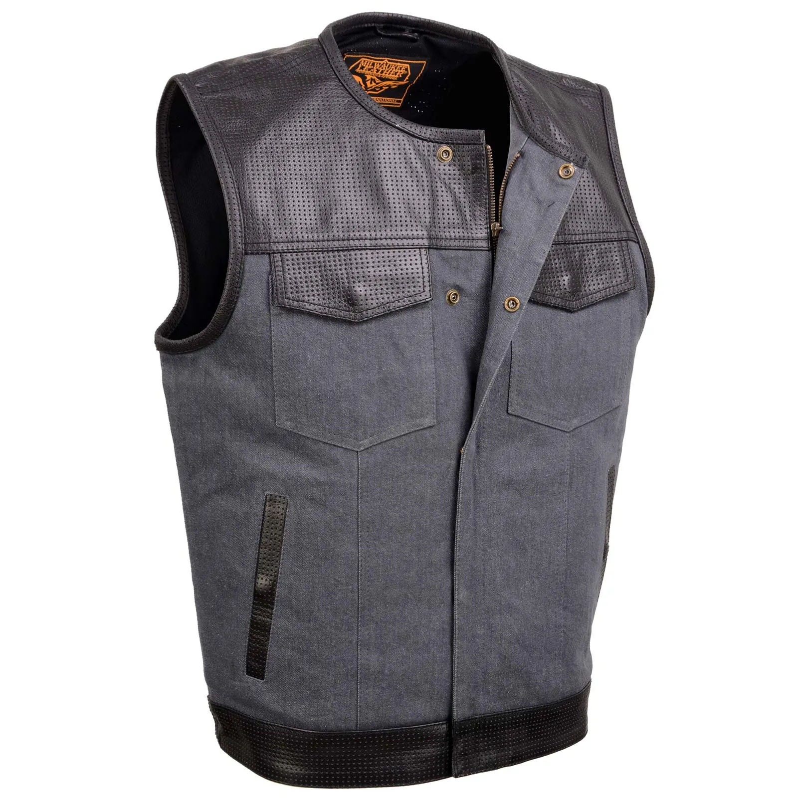 Milwaukee Leather MDM3005 Men's Brute Grey Denim w/ Black Perforated Leather Club Style Vest w/ Hidden Dual Closure